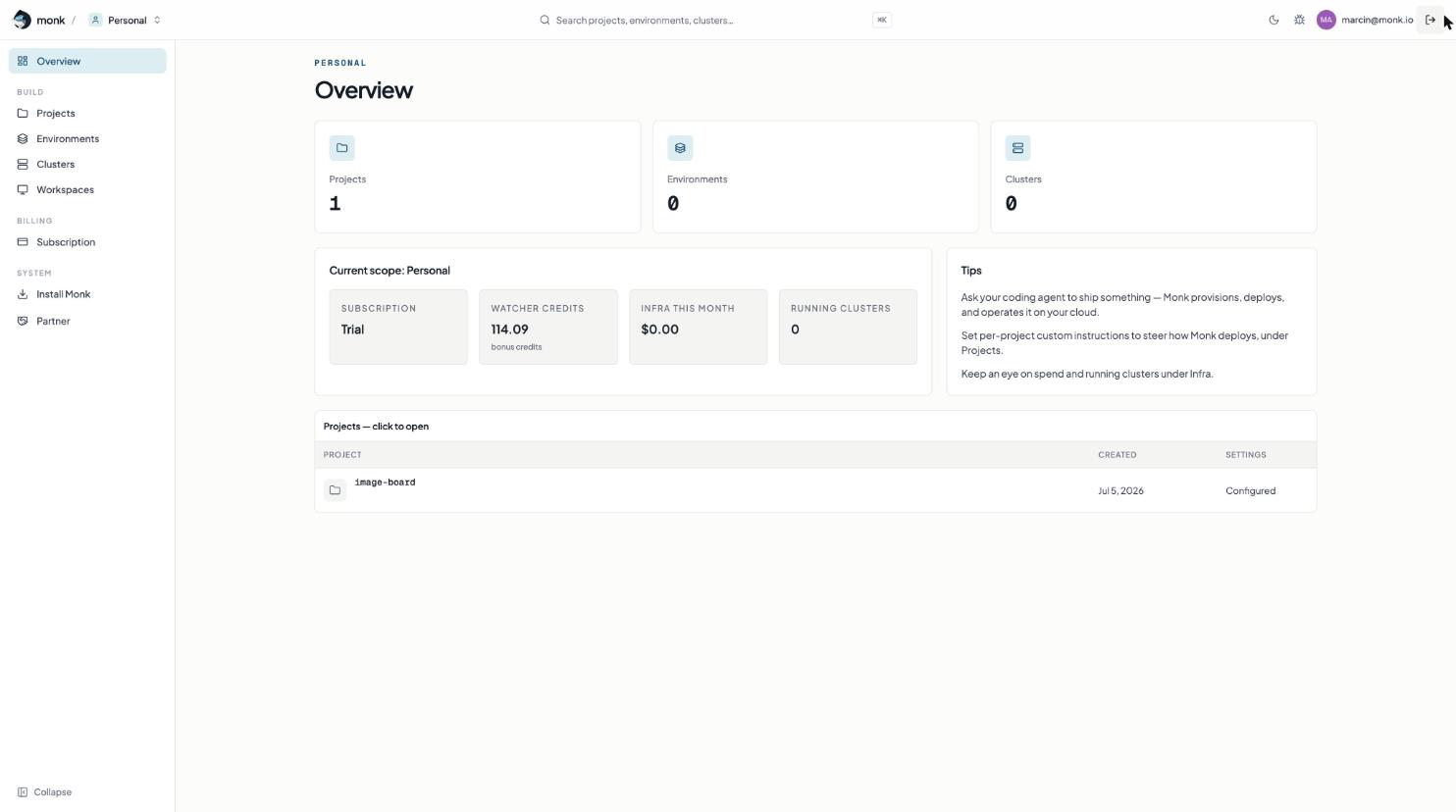 Monk dashboard overview