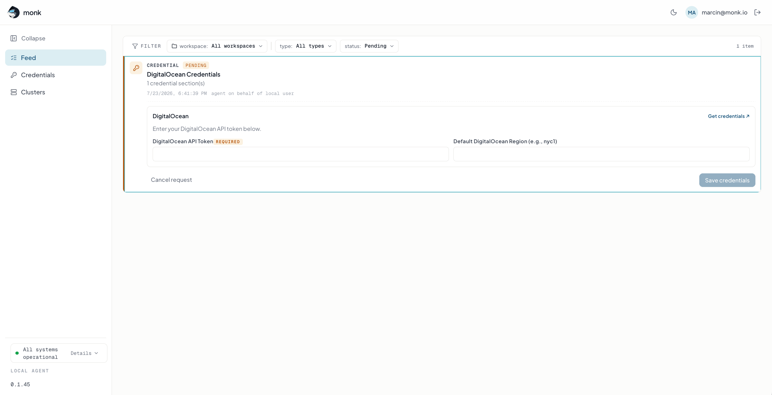 Local dashboard Feed with a pending credential request