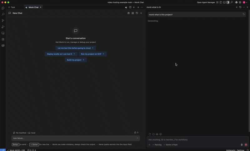 Antigravity agent communicating with Monk