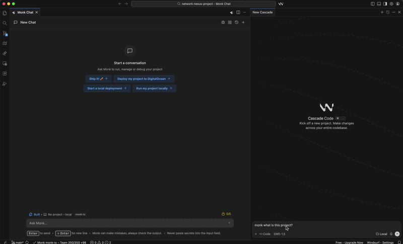 Windsurf agent communicating with Monk