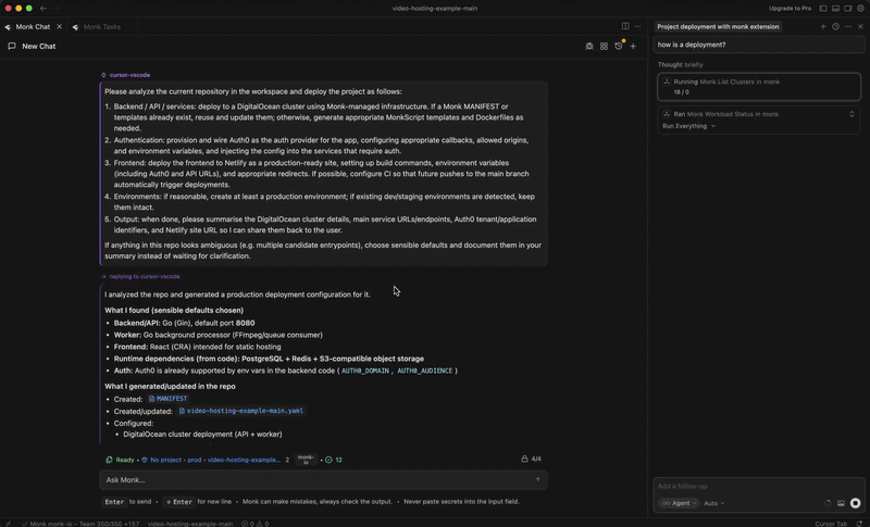 Cursor agent communicating with Monk