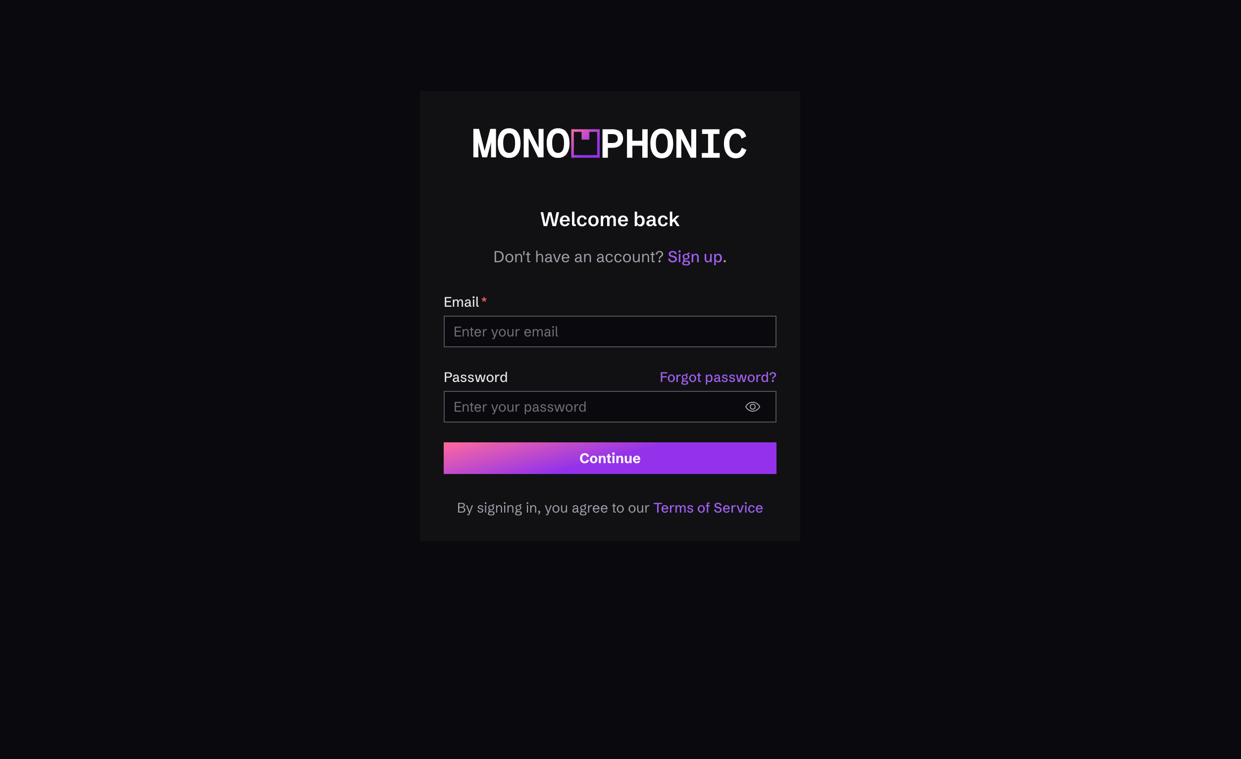 Monophonic.io Login / Sign-Up Screen