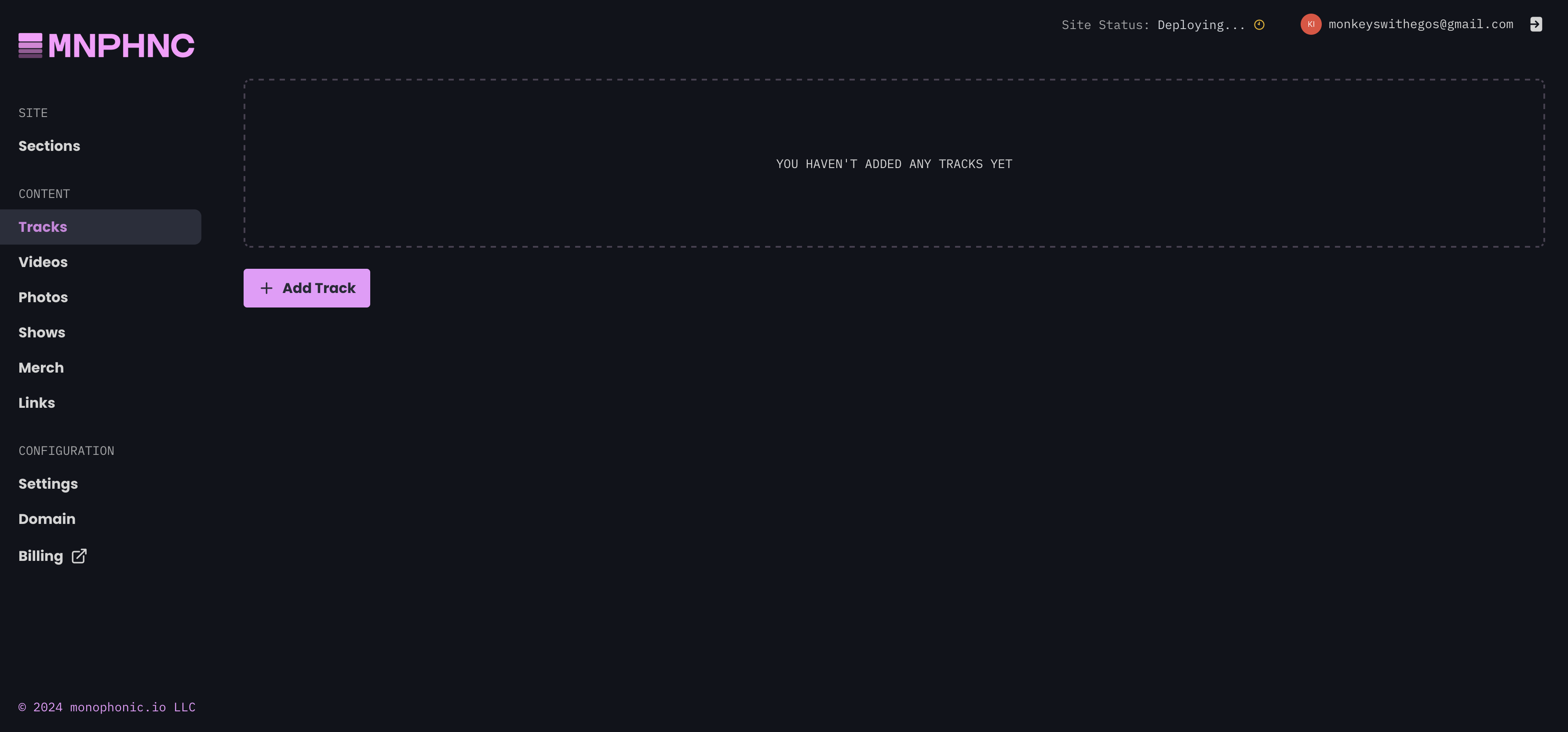 Monophonic.site dashboard with empty track content