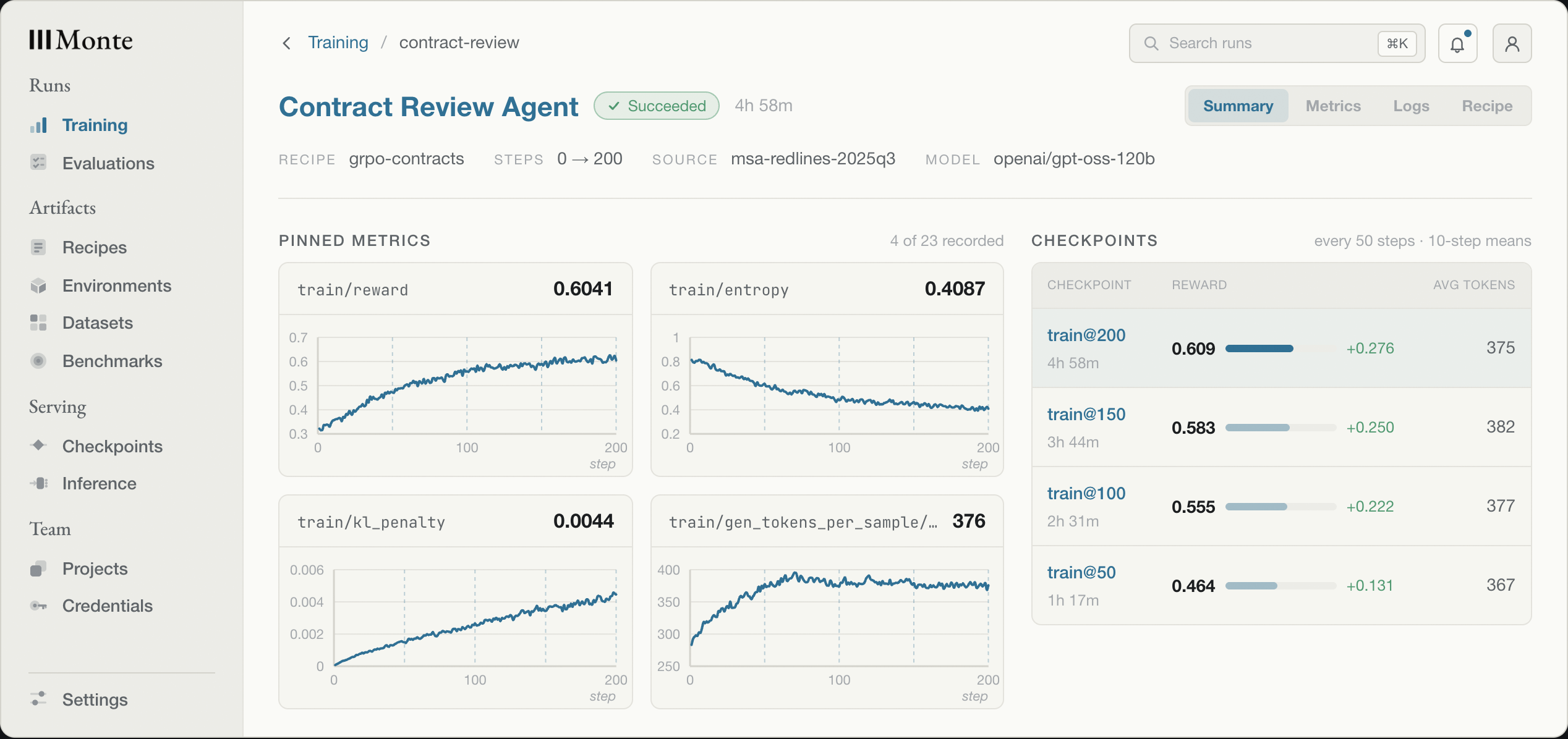 The Console's training page: pinned metrics for reward, entropy, KL penalty, and response length, and a table of checkpoints with their rewards
