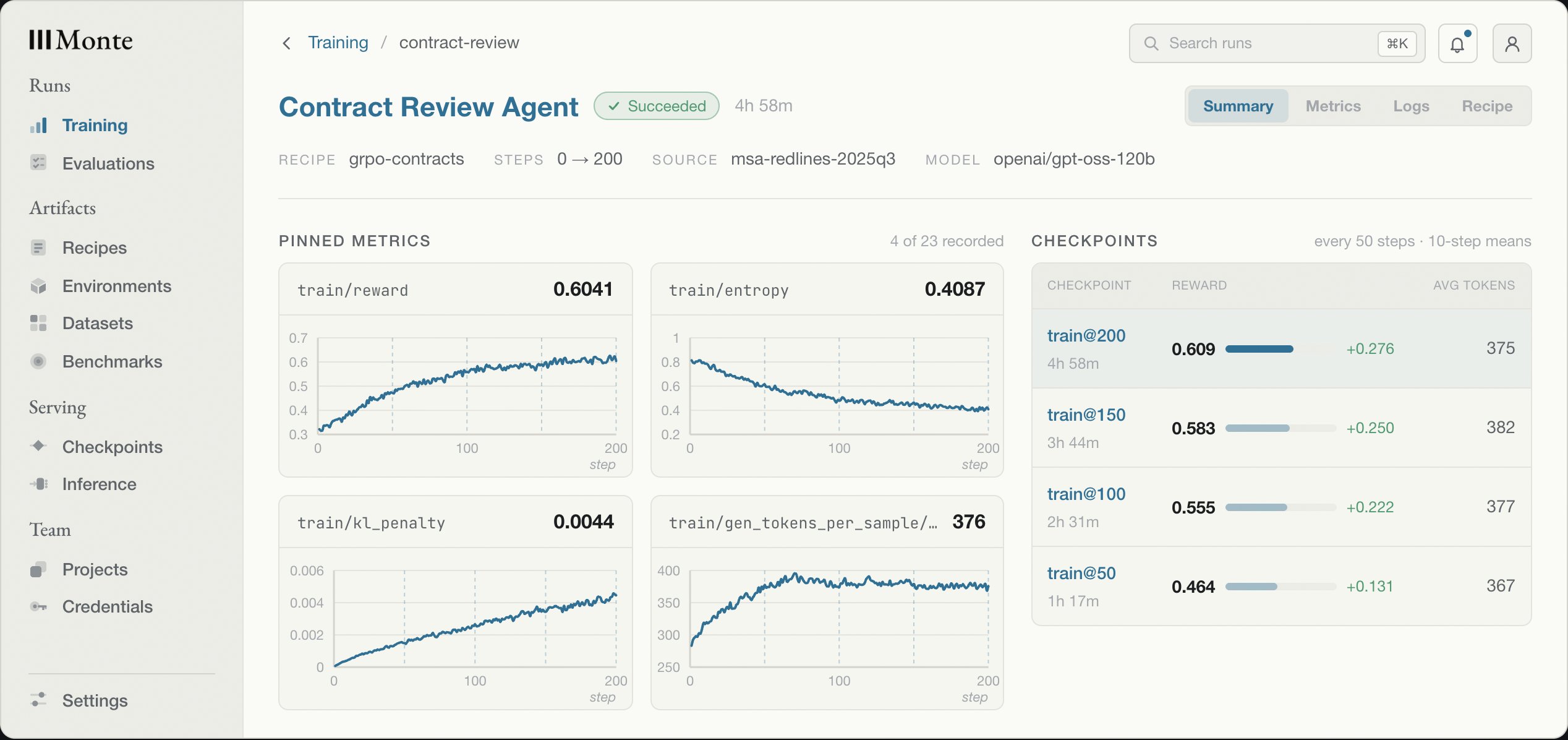 The Console's training page: pinned metrics for reward, entropy, KL penalty, and response length, and a table of checkpoints with their rewards