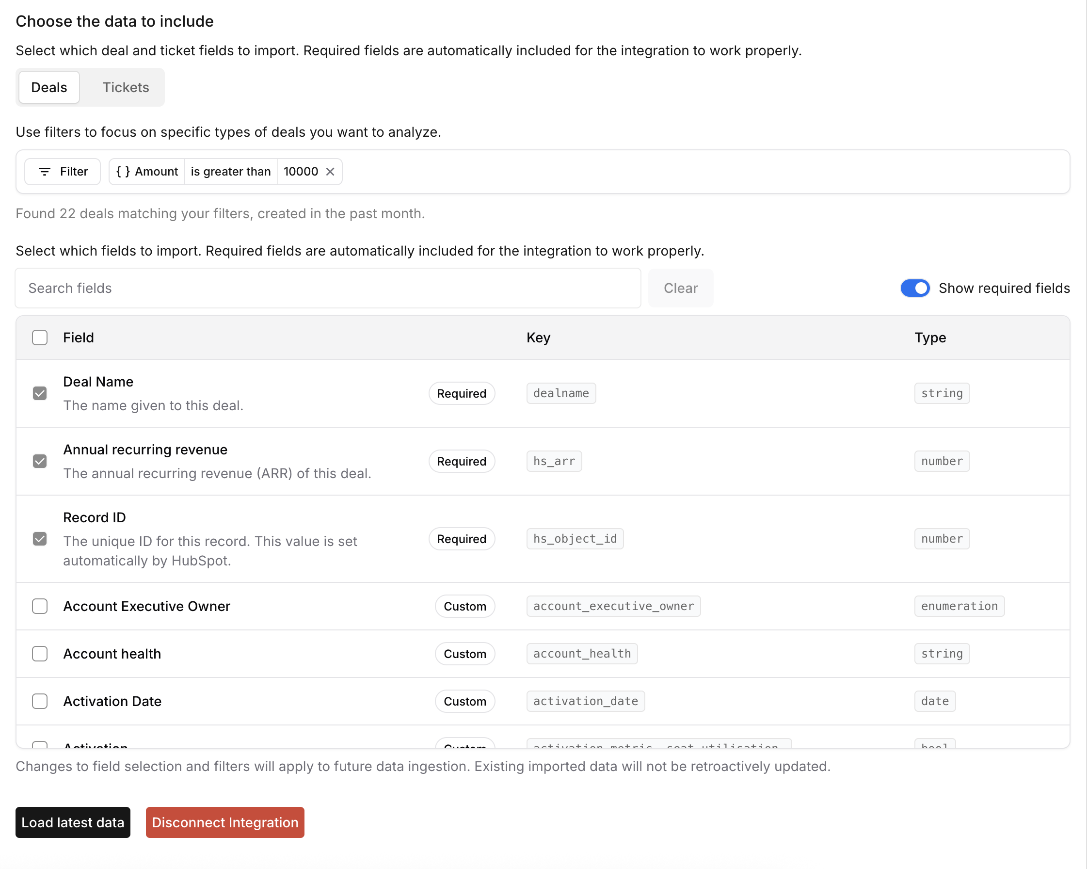 HubSpot integration configuration interface showing the three main sections: Choose what to include, Narrow down your data, and Choose the data to include