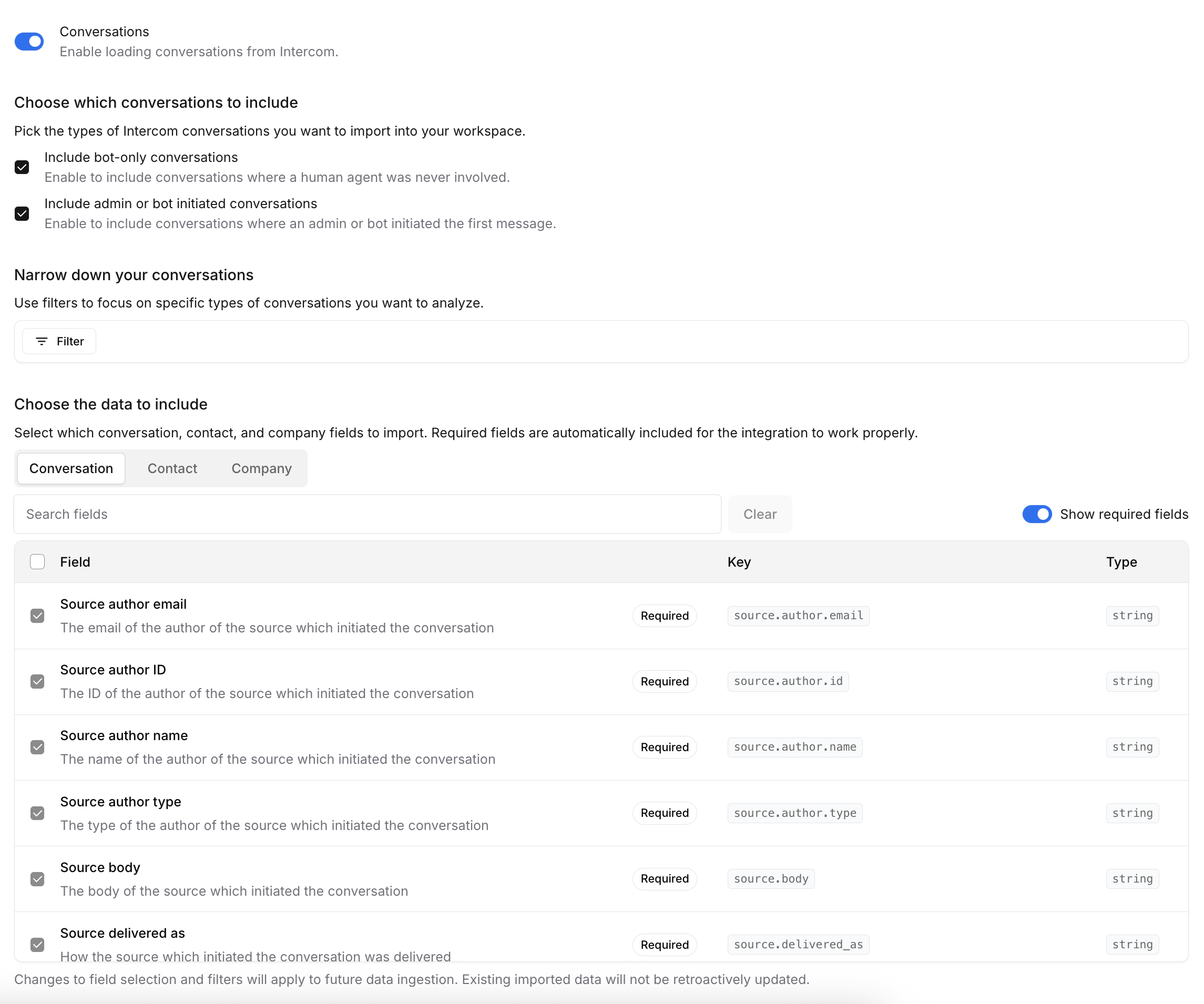 Intercom integration configuration interface showing the three main sections: Choose which conversations to include, Narrow down your conversations, and Choose the data to include