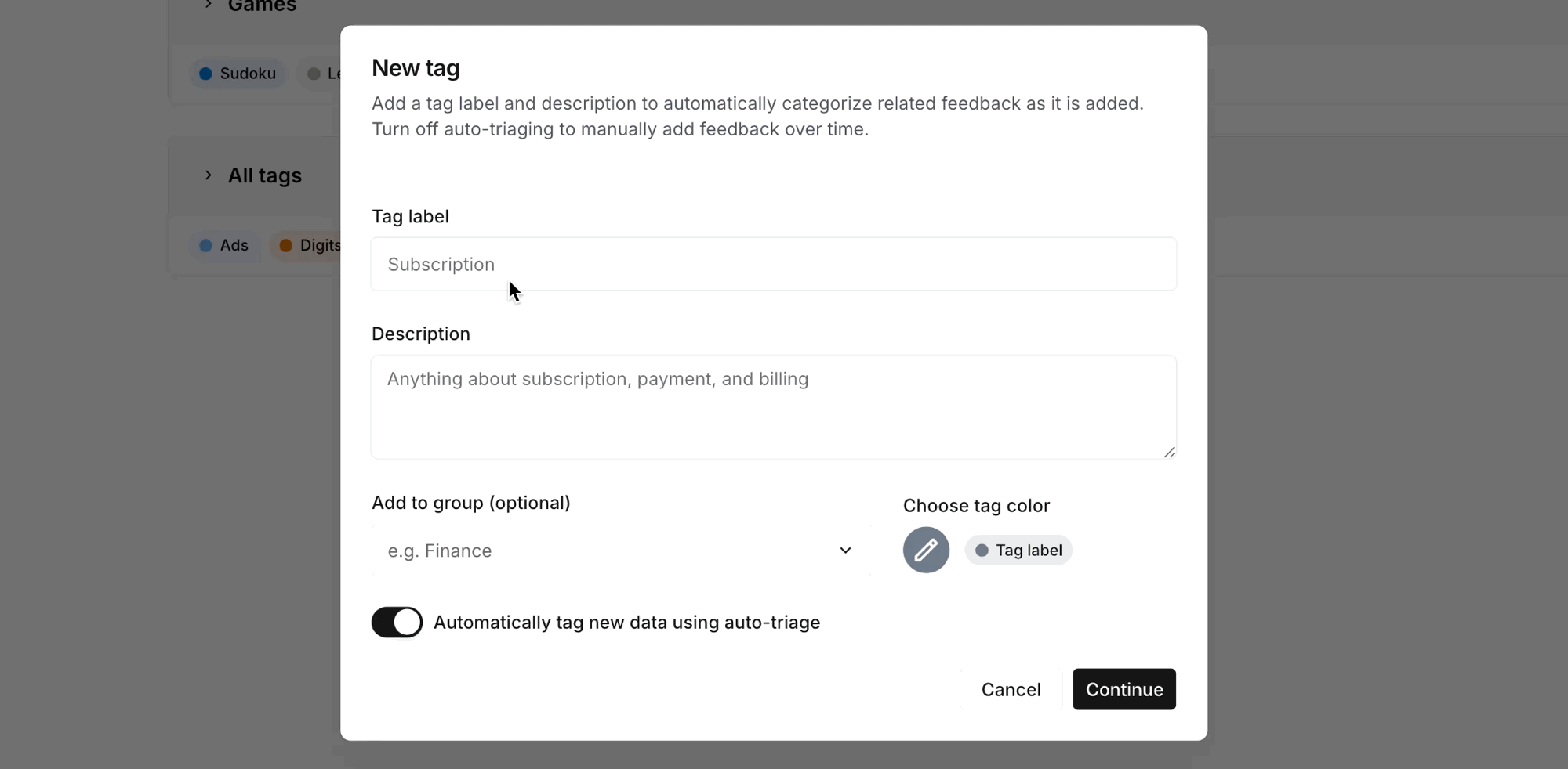 Add gif Gif image showing how to add a tag, description, group, and color