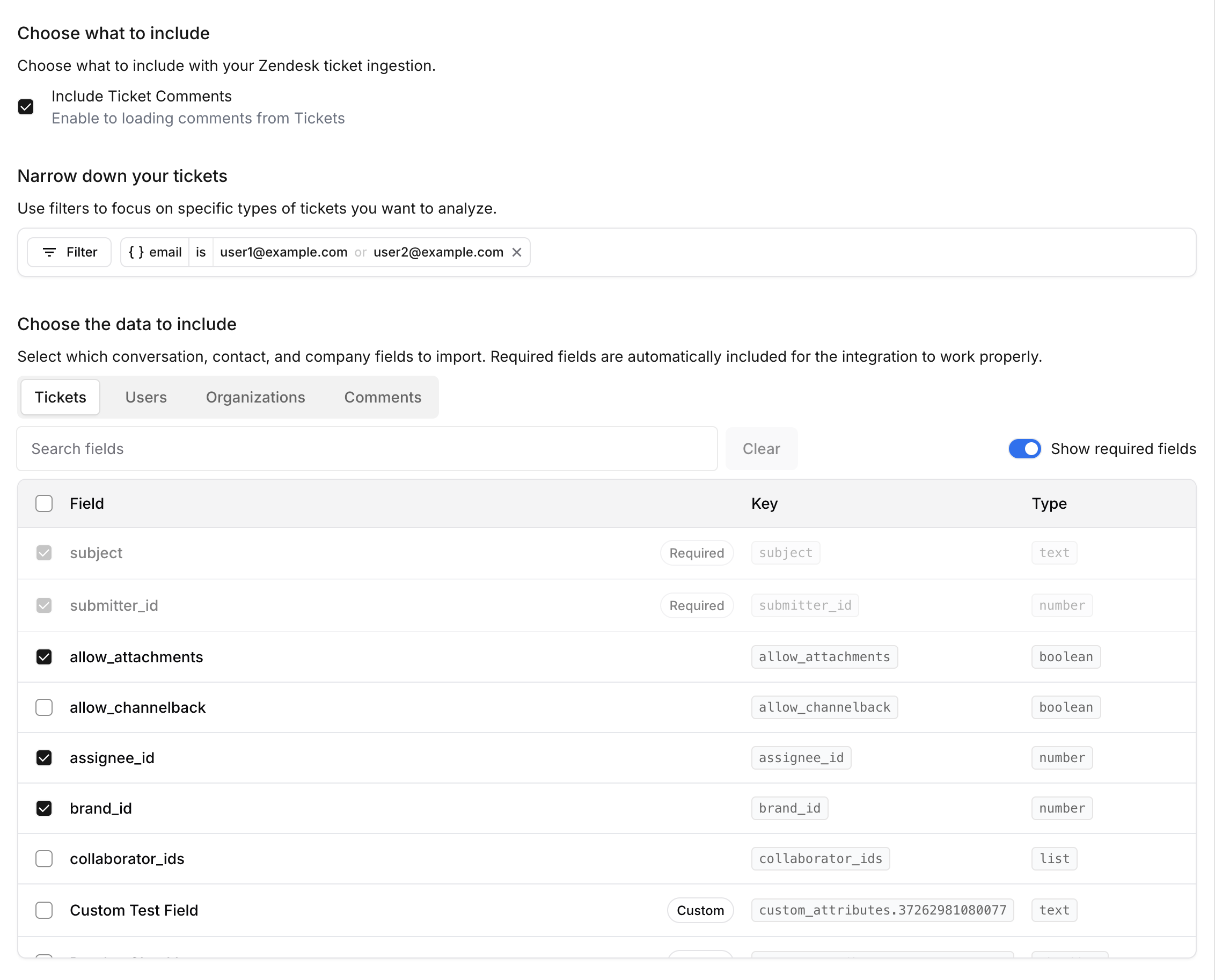 Zendesk integration configuration interface showing the three main sections: Choose what to include, Narrow down your tickets, and Choose the data to include