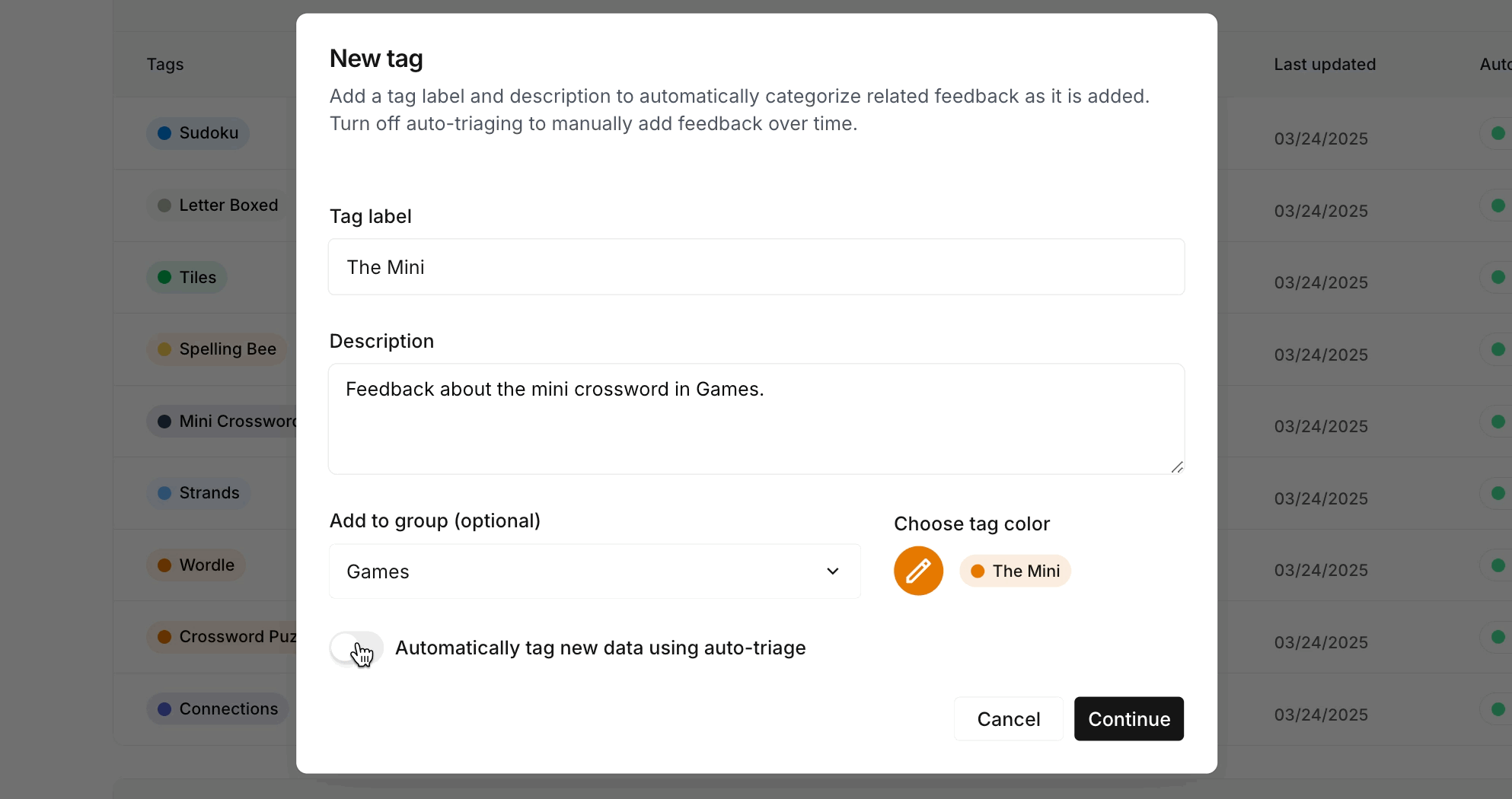 Auto triage and train with tags Gif image showing how to turn on auto-triage to automatically tag new data as it comes in, and how to give feedback by assigning tags to existing feedback snippets