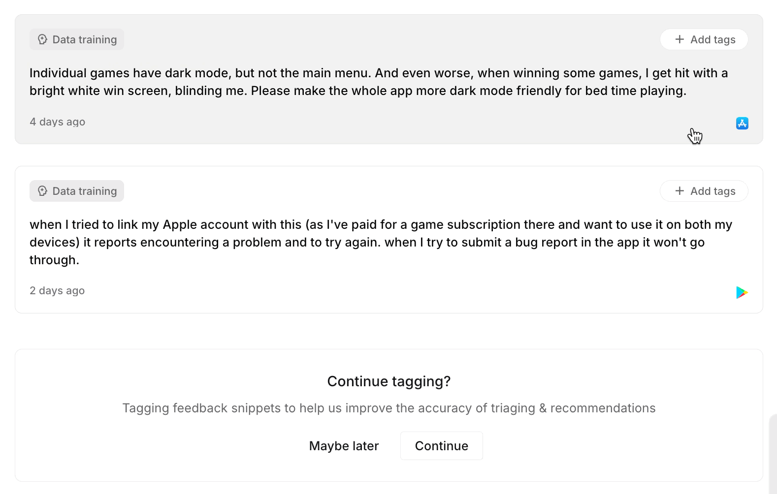 Data training A gif showing how to train tags by adding tags to sample snippets
