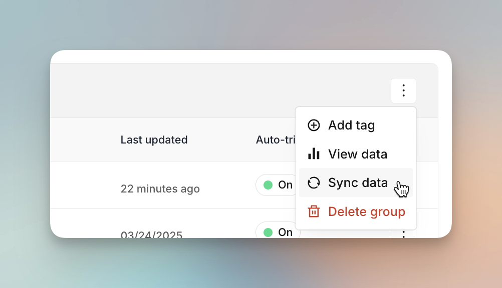 Syncing data Image showing how to sync the latest data around a tag, group, or all tags