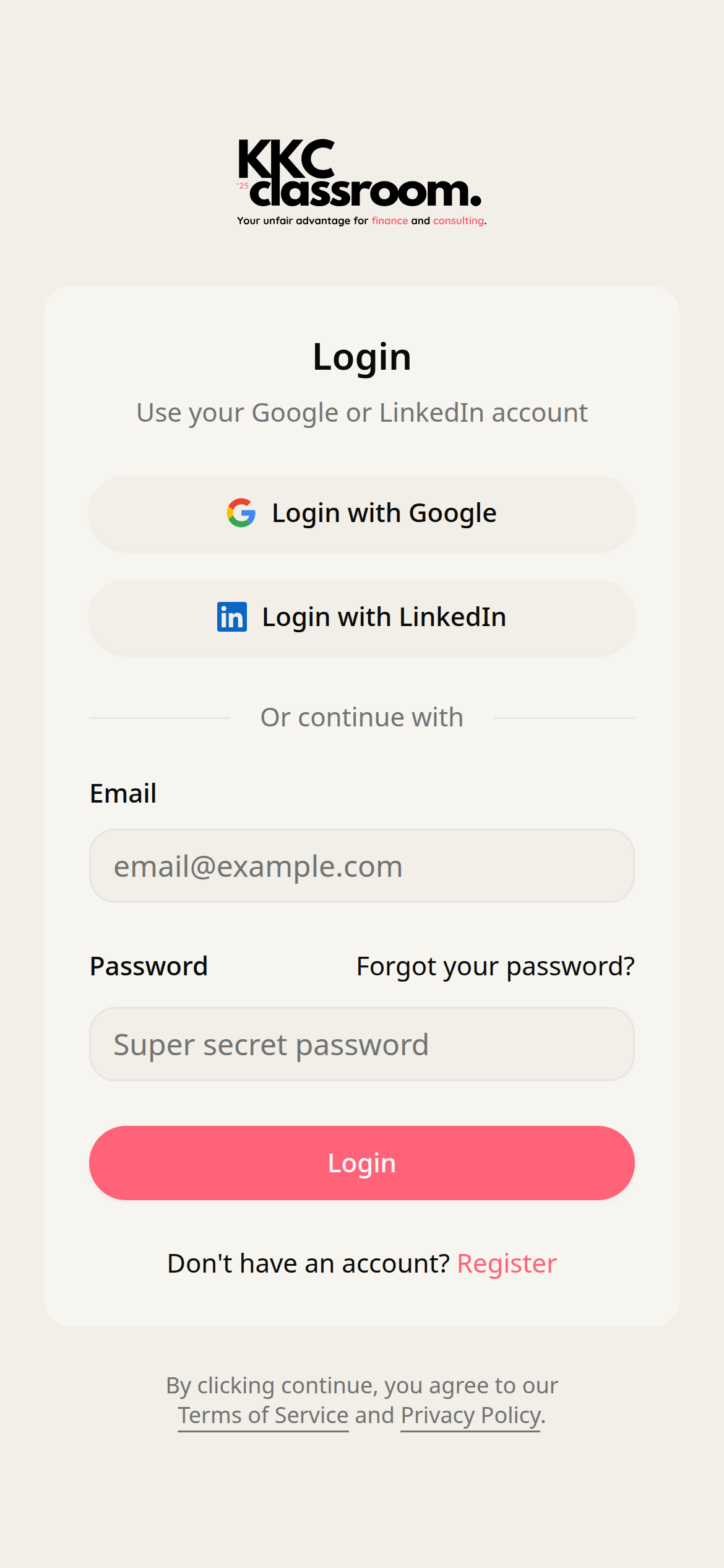 Screenshot of the login page