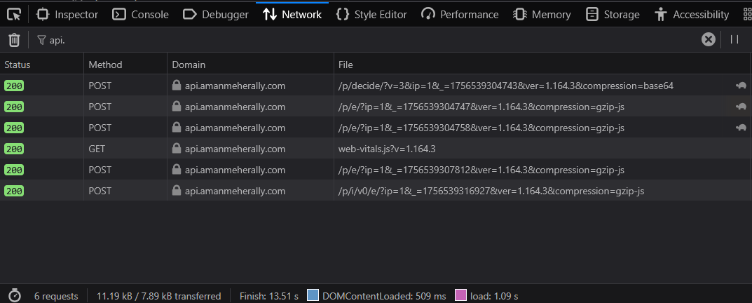 Network requests showing Posthog analytics