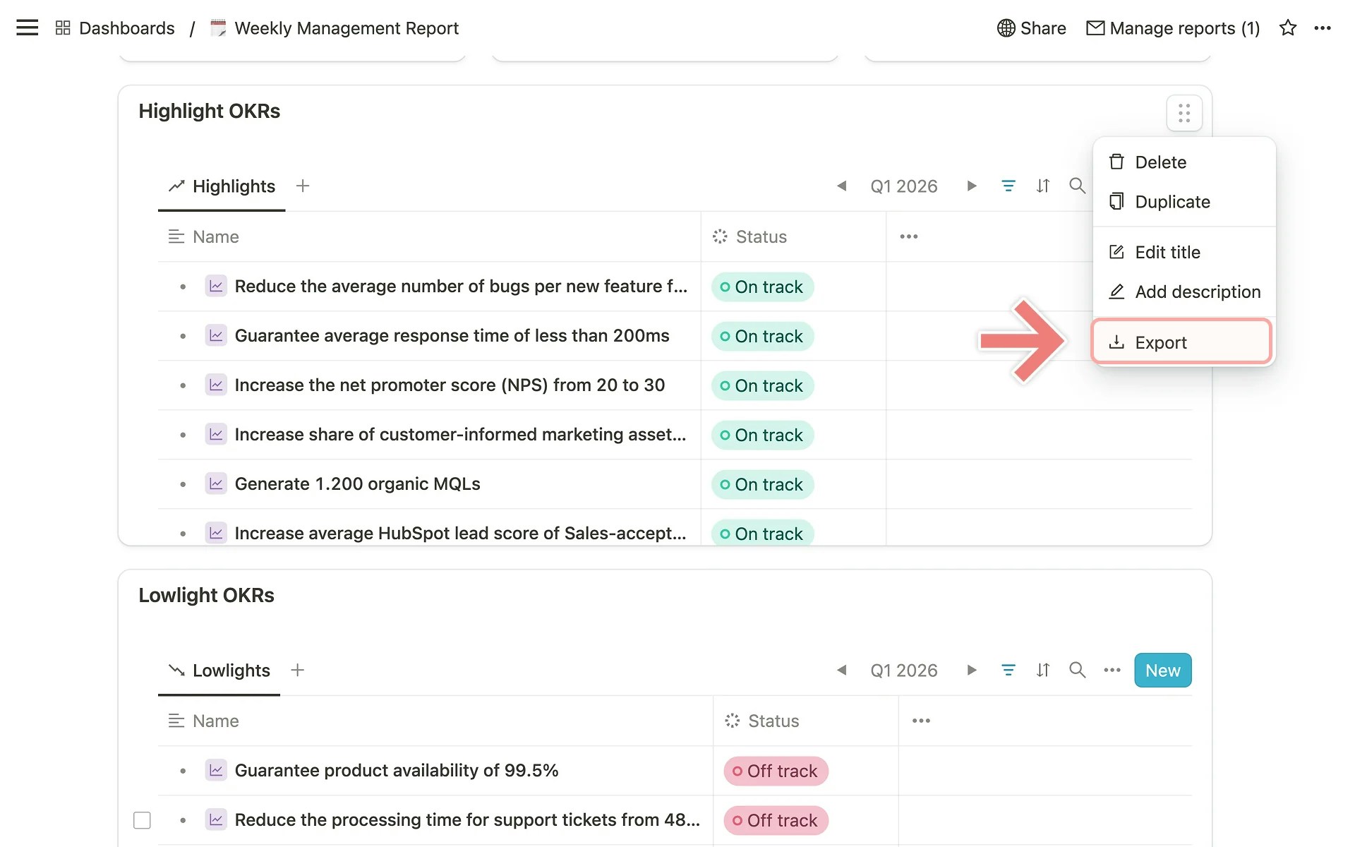 Dashboard goal-list card context menu with Export option