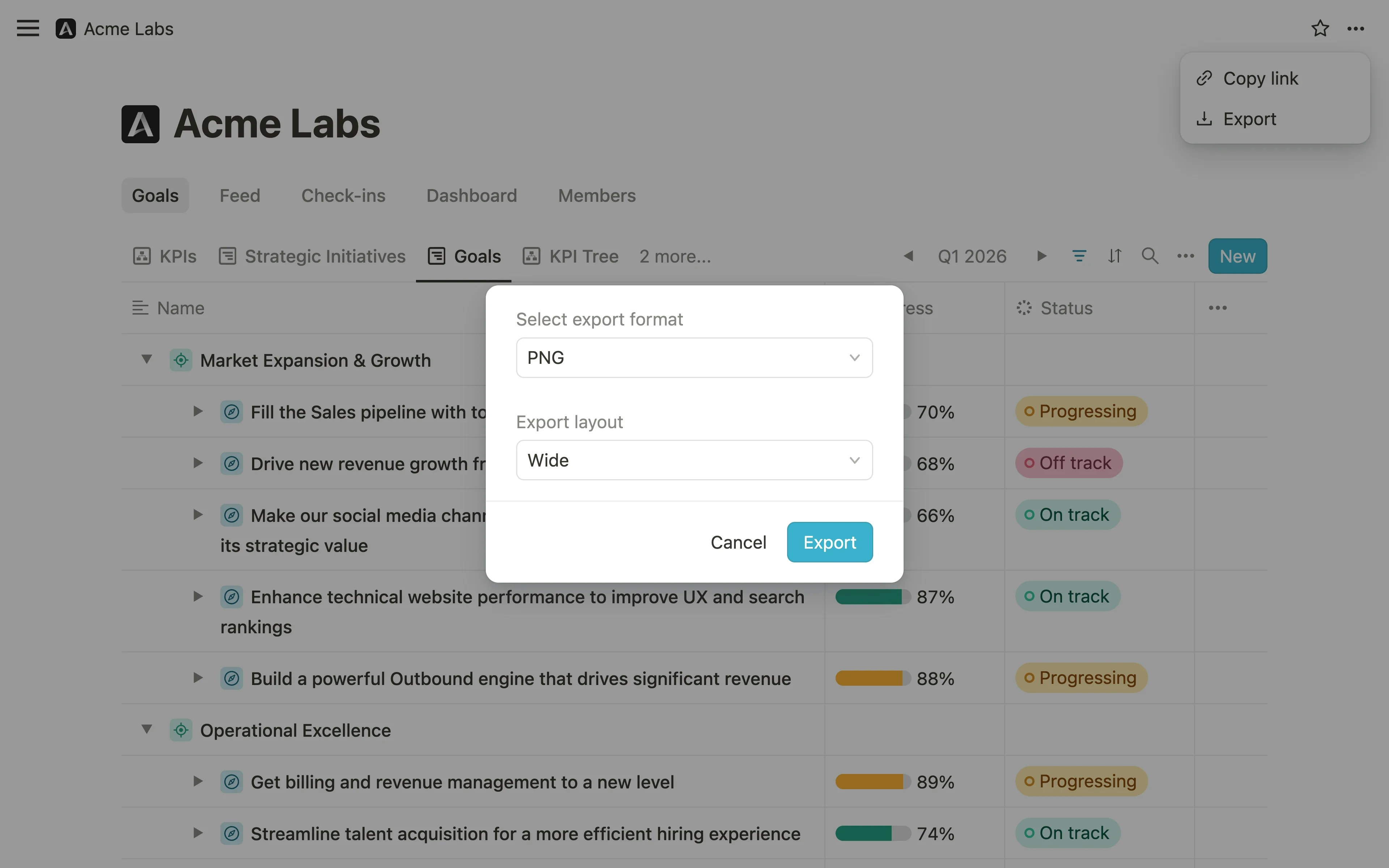 Export dialog with format and layout selection