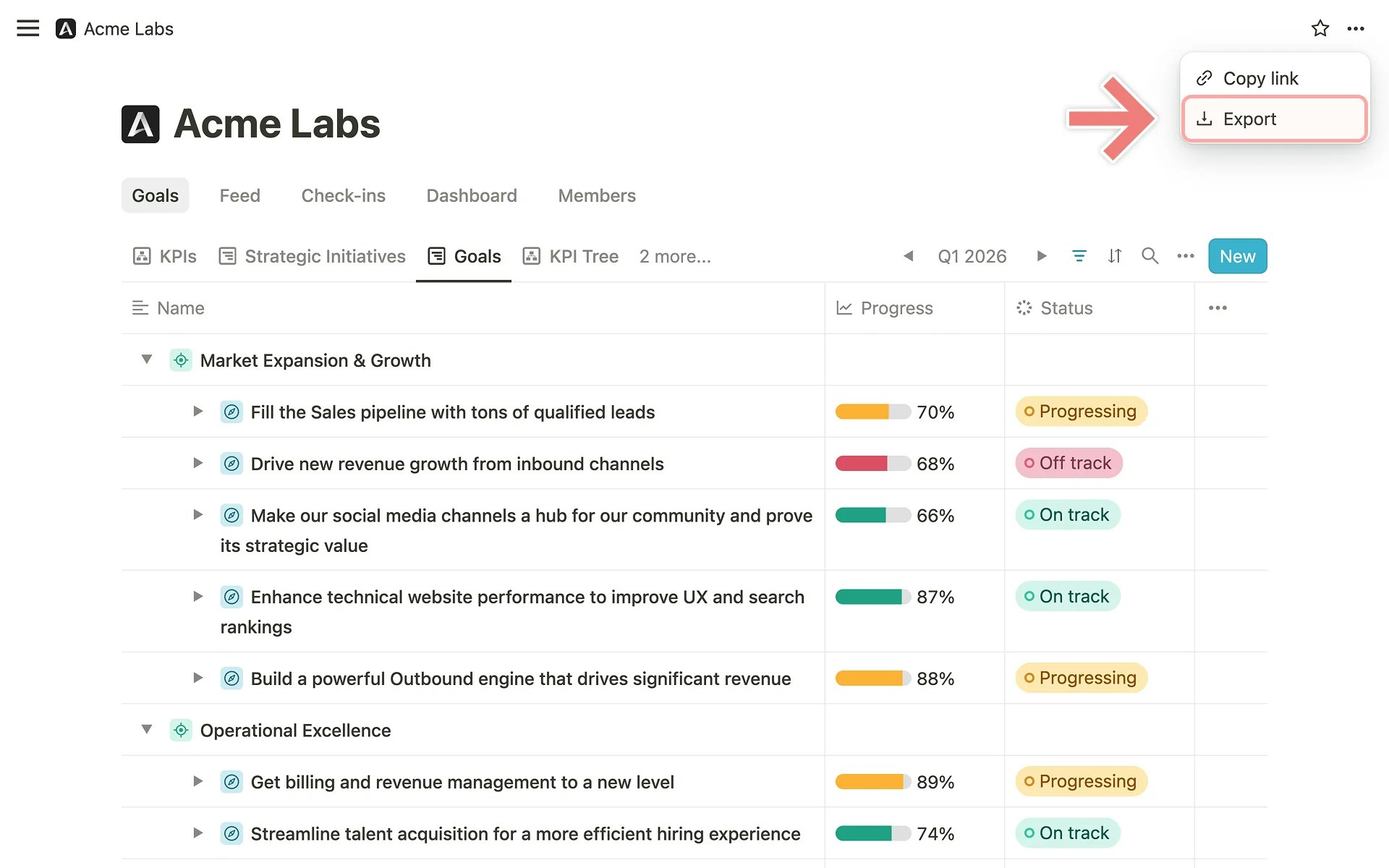Export option in the page menu