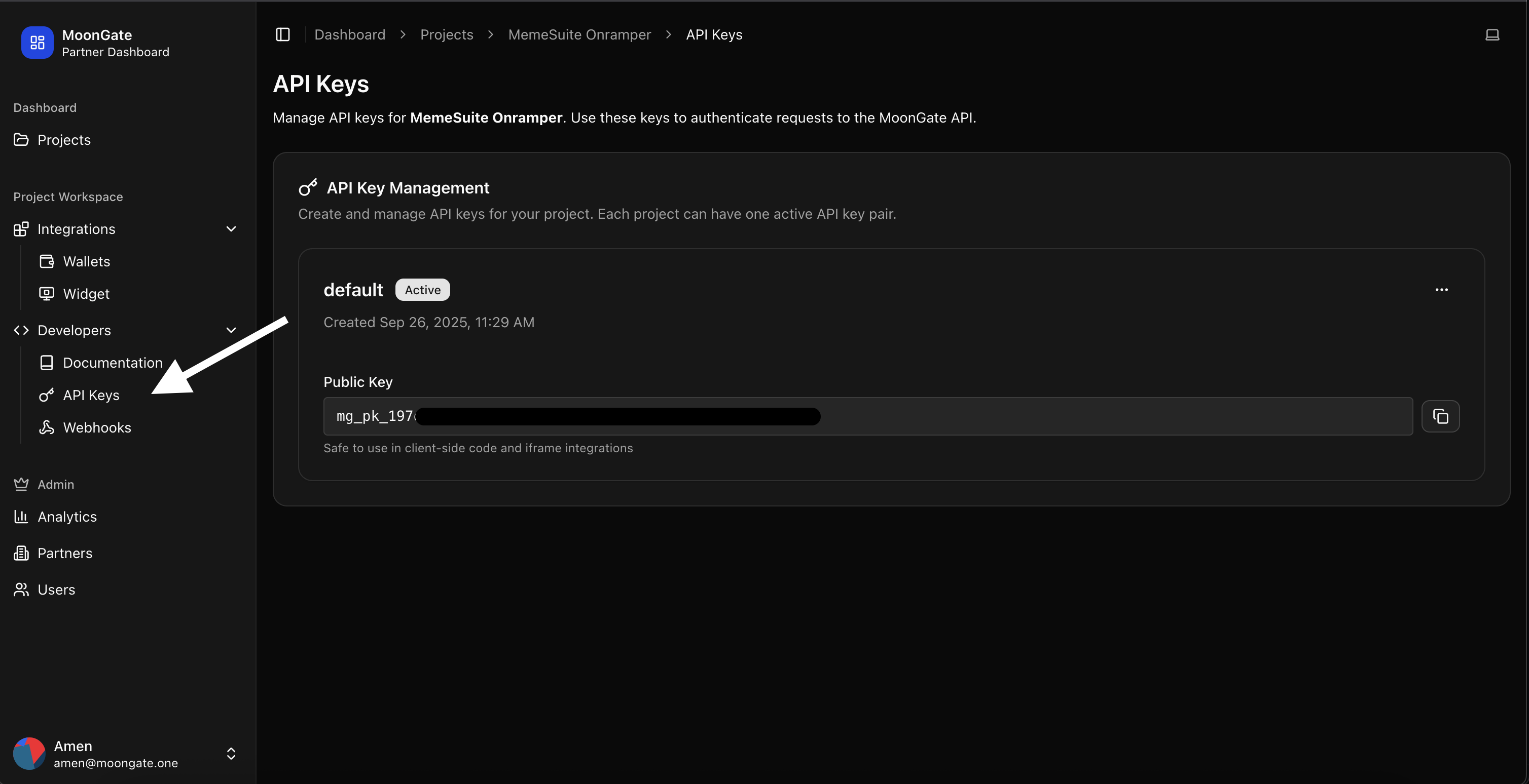 Partner Dashboard API Keys