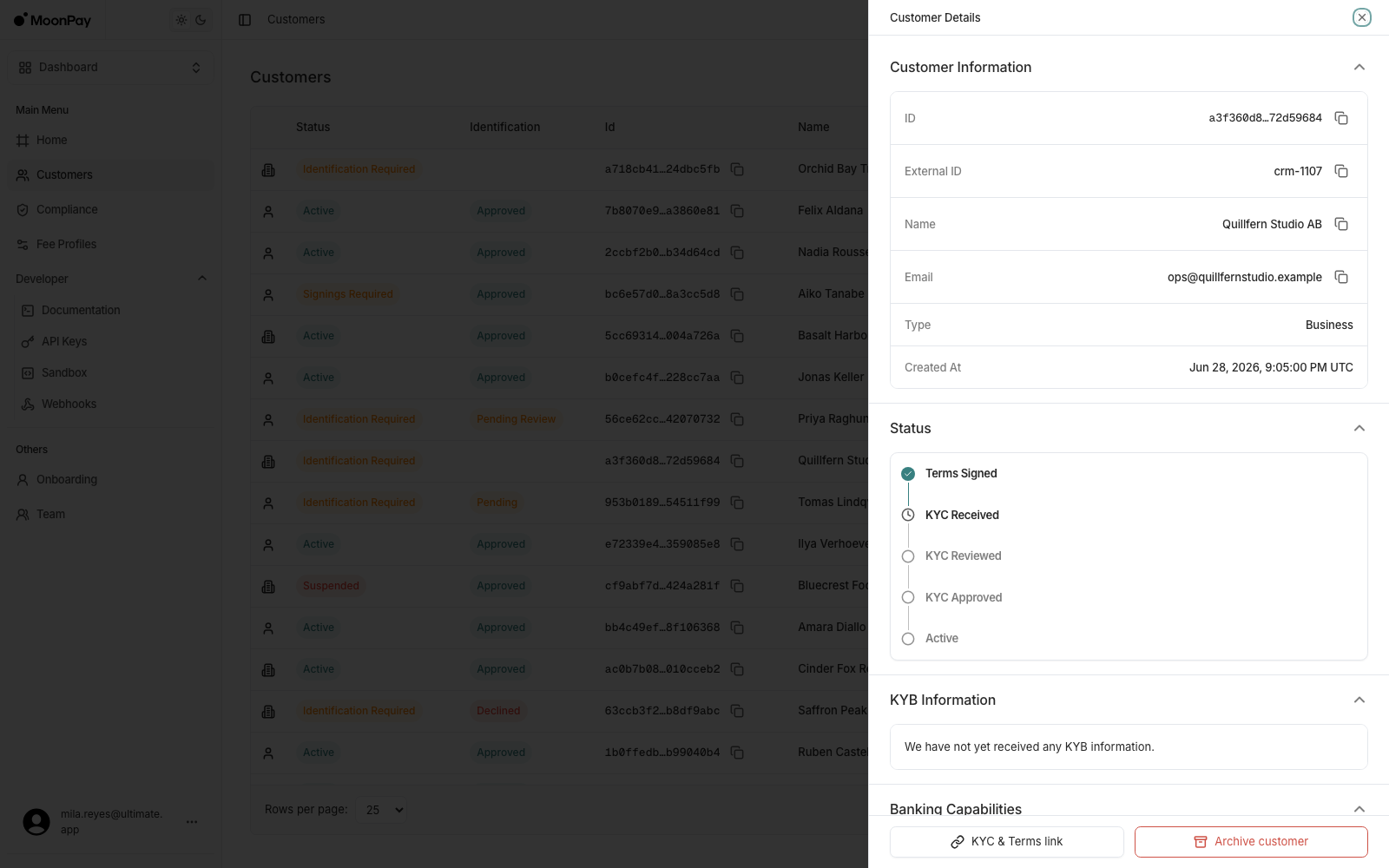 Customer detail sheet showing customer information and onboarding status milestones