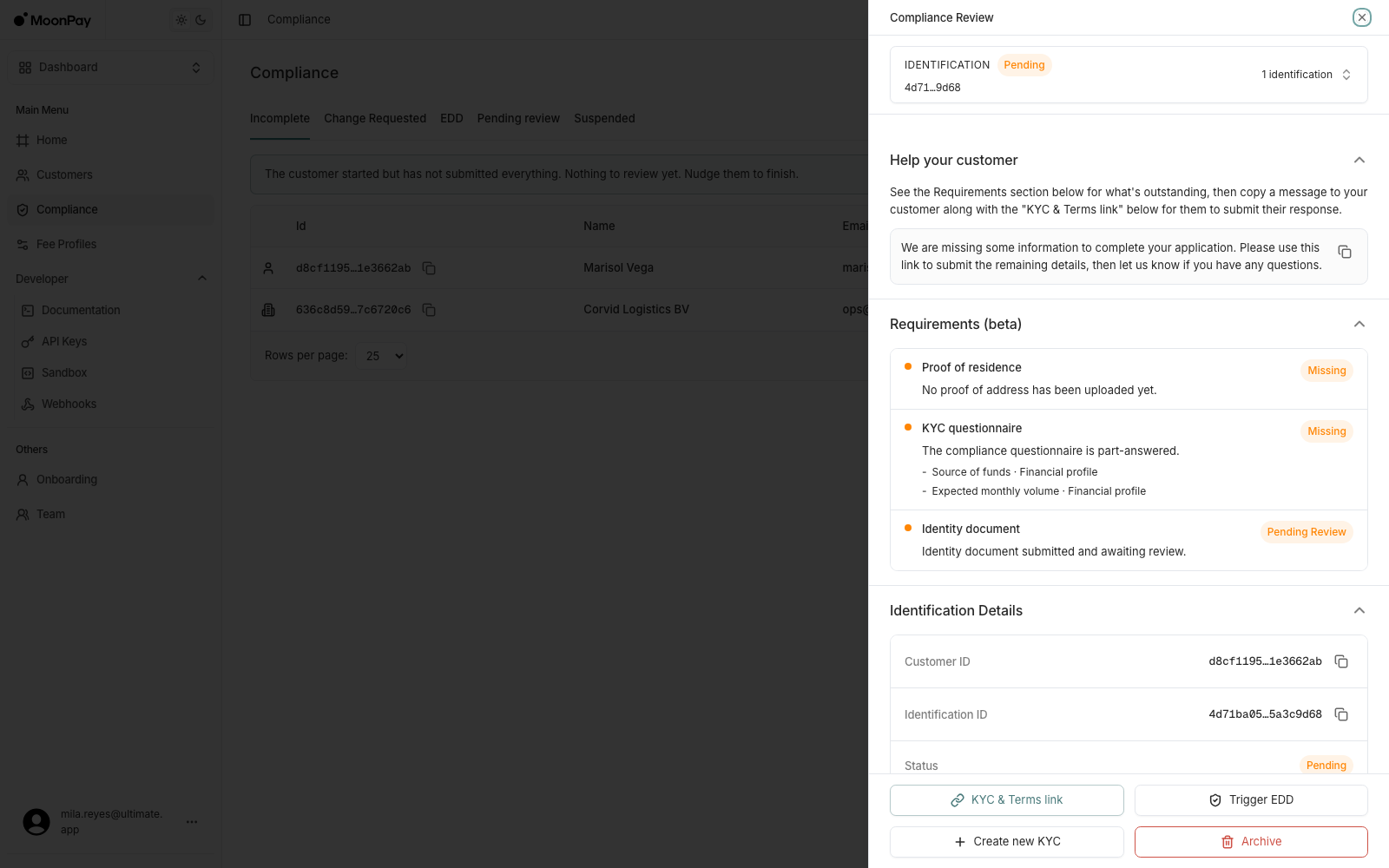 Compliance Review panel showing Requirements with proof of residence and KYC questionnaire marked Missing and an identity document marked Pending Review