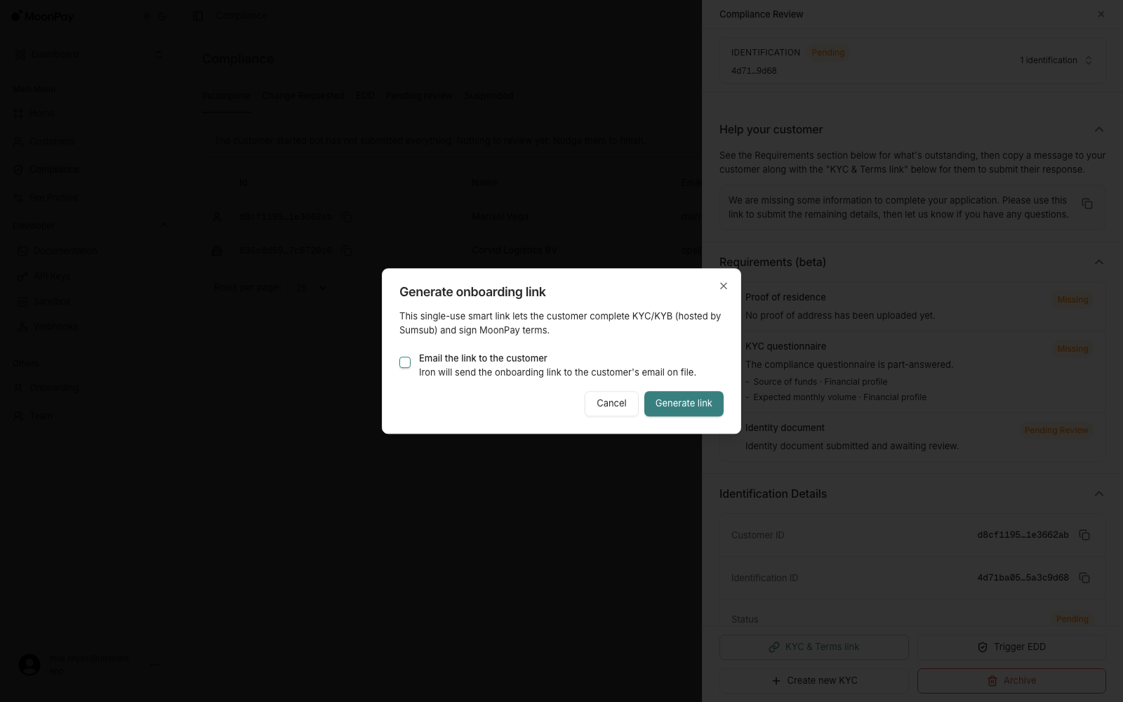 Generate onboarding link dialog with a checkbox to email the link to the customer, and Cancel and Generate link buttons