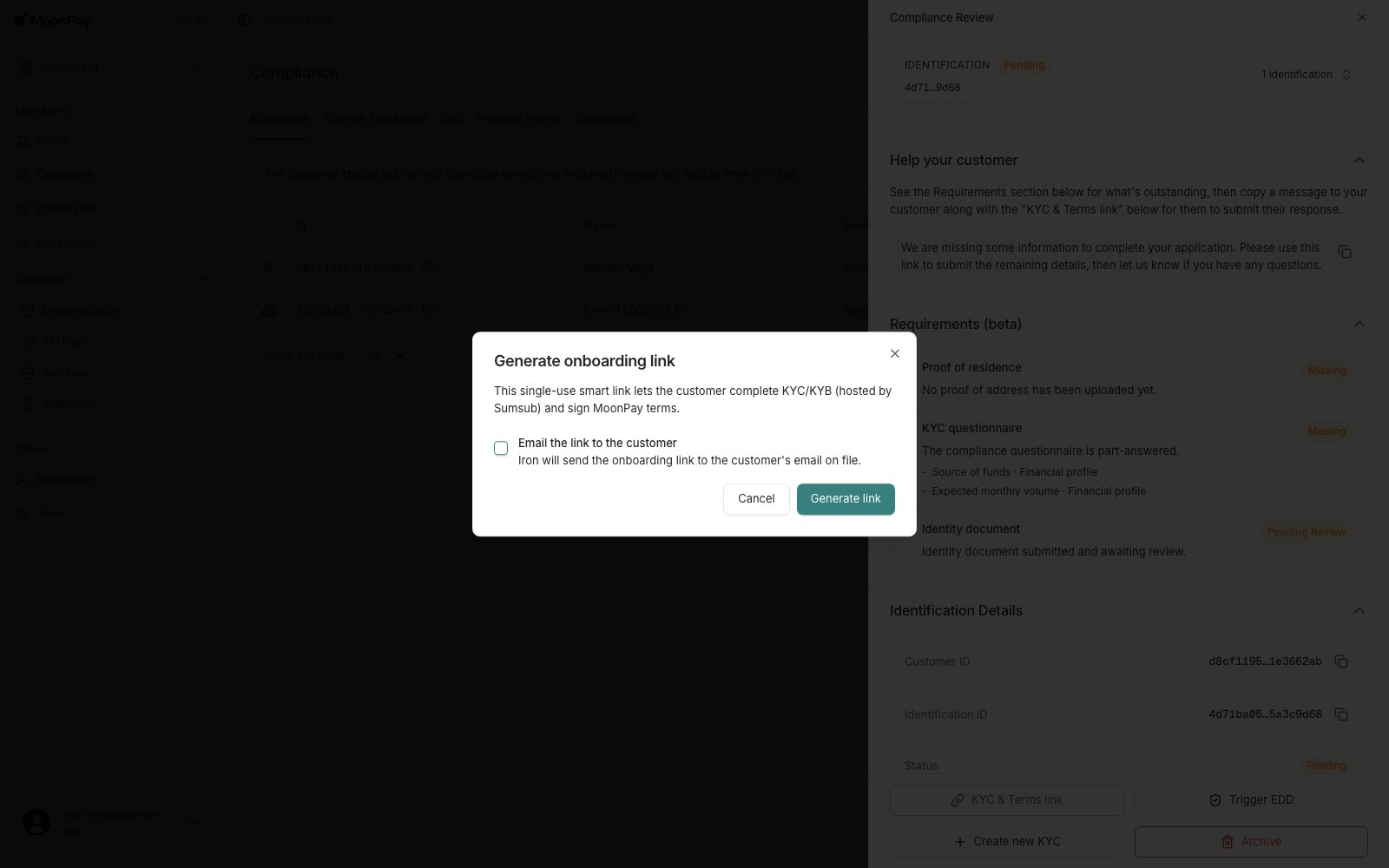 Generate onboarding link dialog with a checkbox to email the link to the customer, and Cancel and Generate link buttons