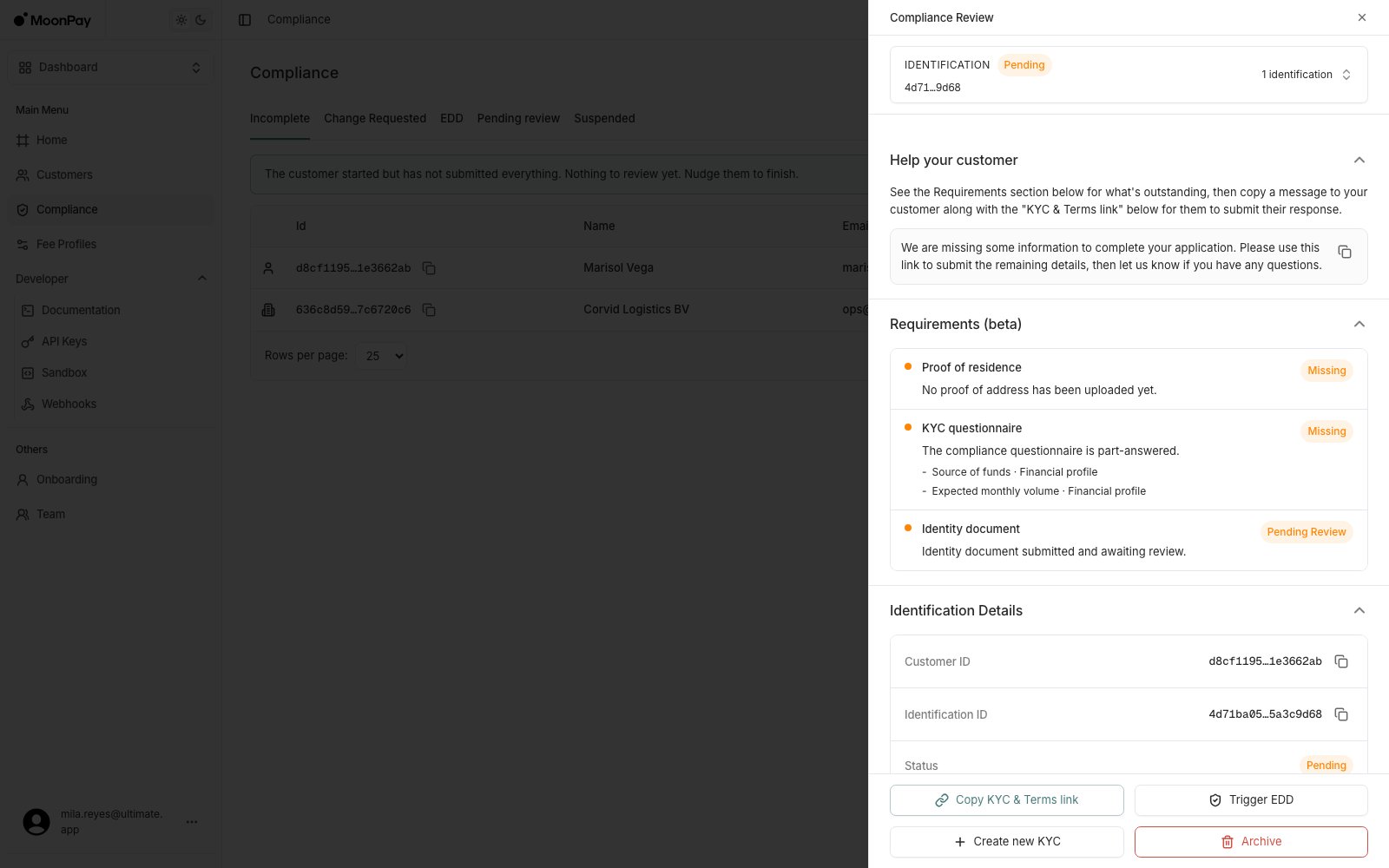 The same panel after minting, with the footer button now reading Copy KYC and Terms link