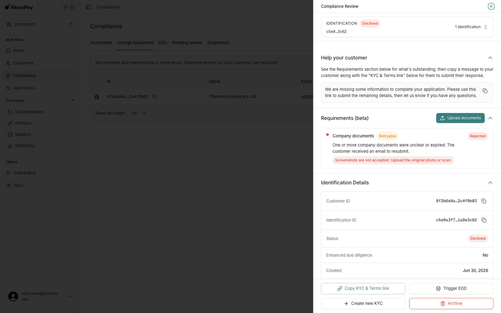 Compliance Review panel with a company documents requirement marked Rejected and Retryable, showing the reject reason that screenshots are not accepted