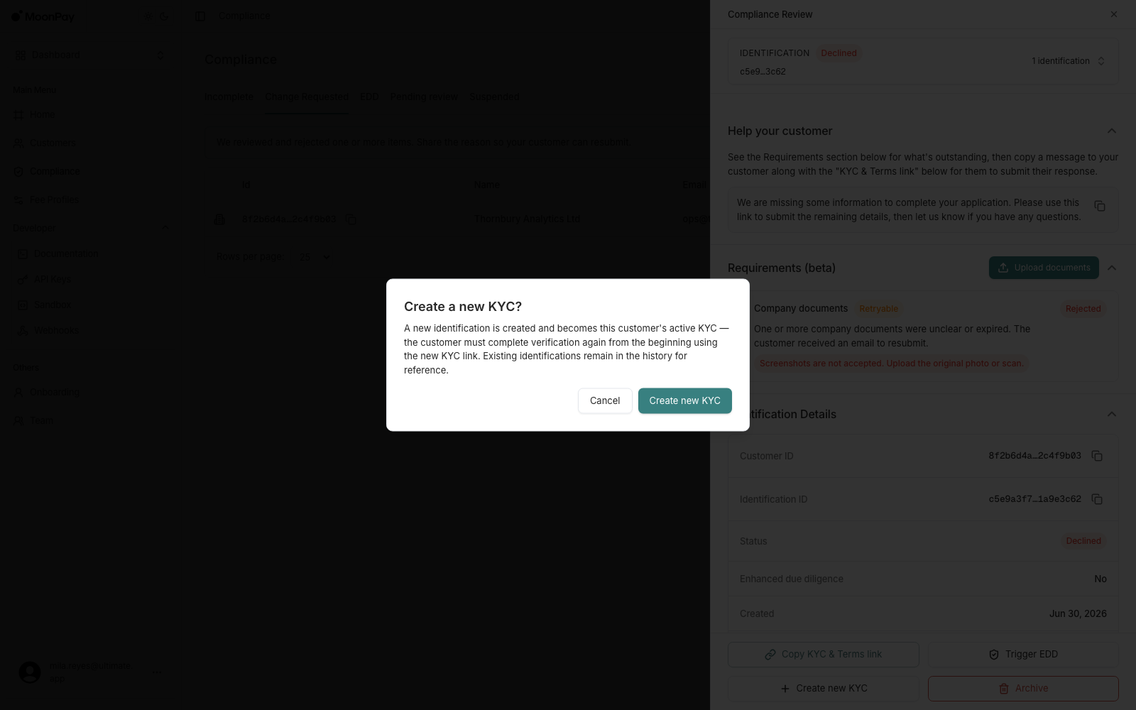 Create a new KYC confirmation dialog explaining that the customer must complete verification again from the beginning