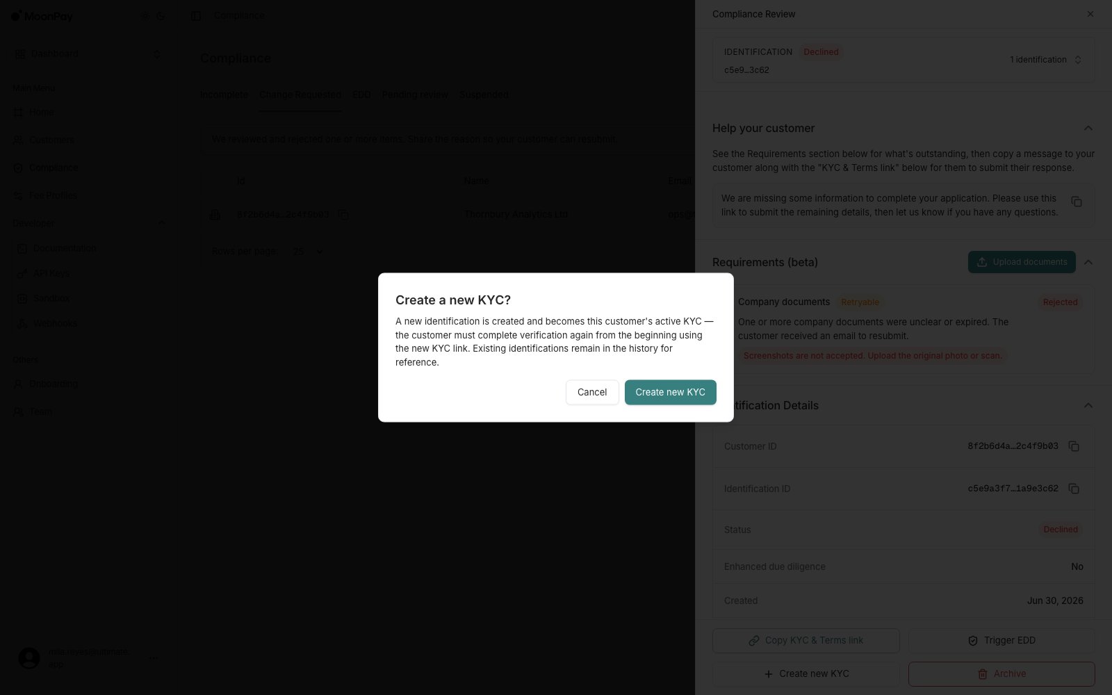 Create a new KYC confirmation dialog explaining that the customer must complete verification again from the beginning