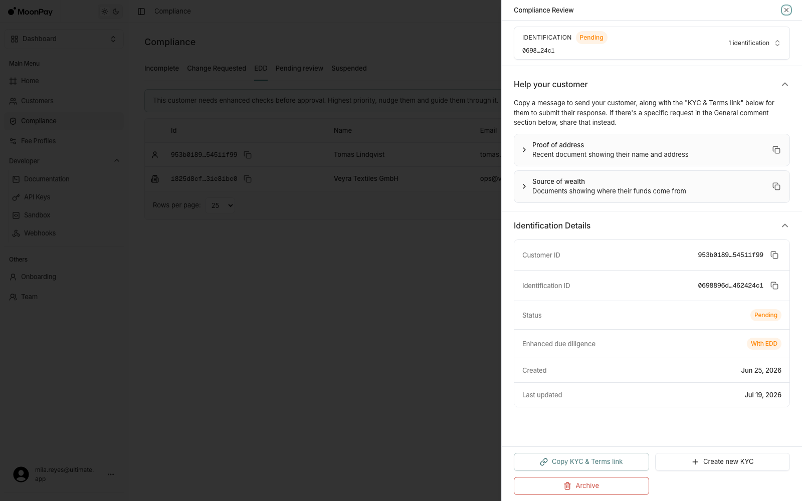 Compliance Review panel with Help your customer listing proof of address and source of wealth, and an Enhanced due diligence row badged With EDD