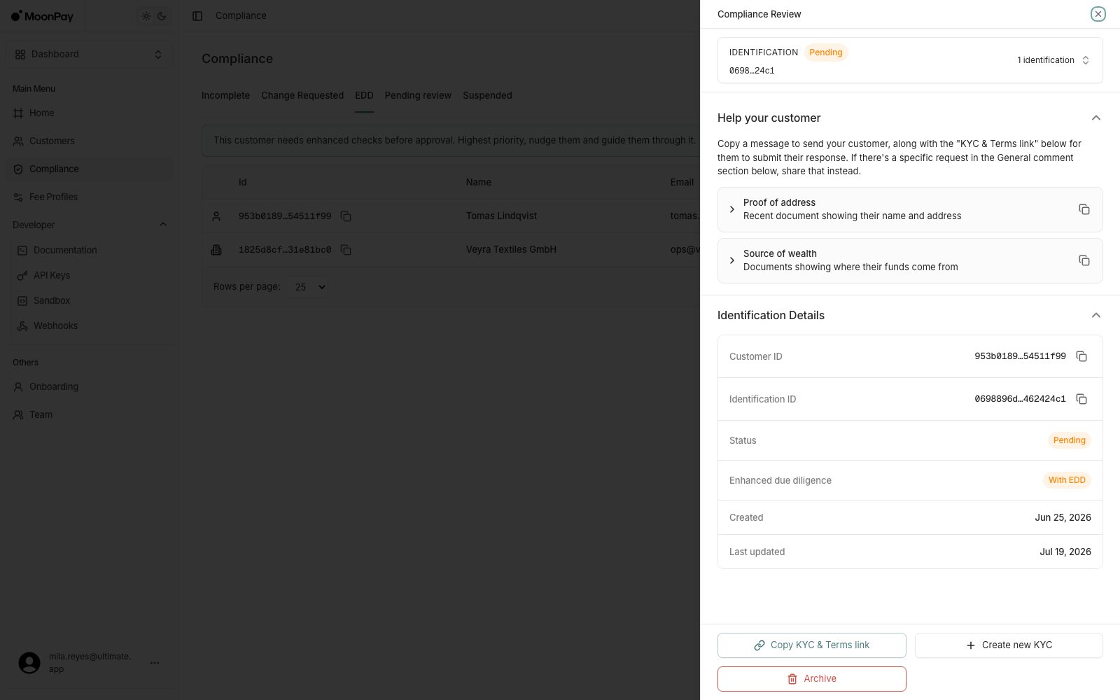 Compliance Review panel with Help your customer listing proof of address and source of wealth, and an Enhanced due diligence row badged With EDD