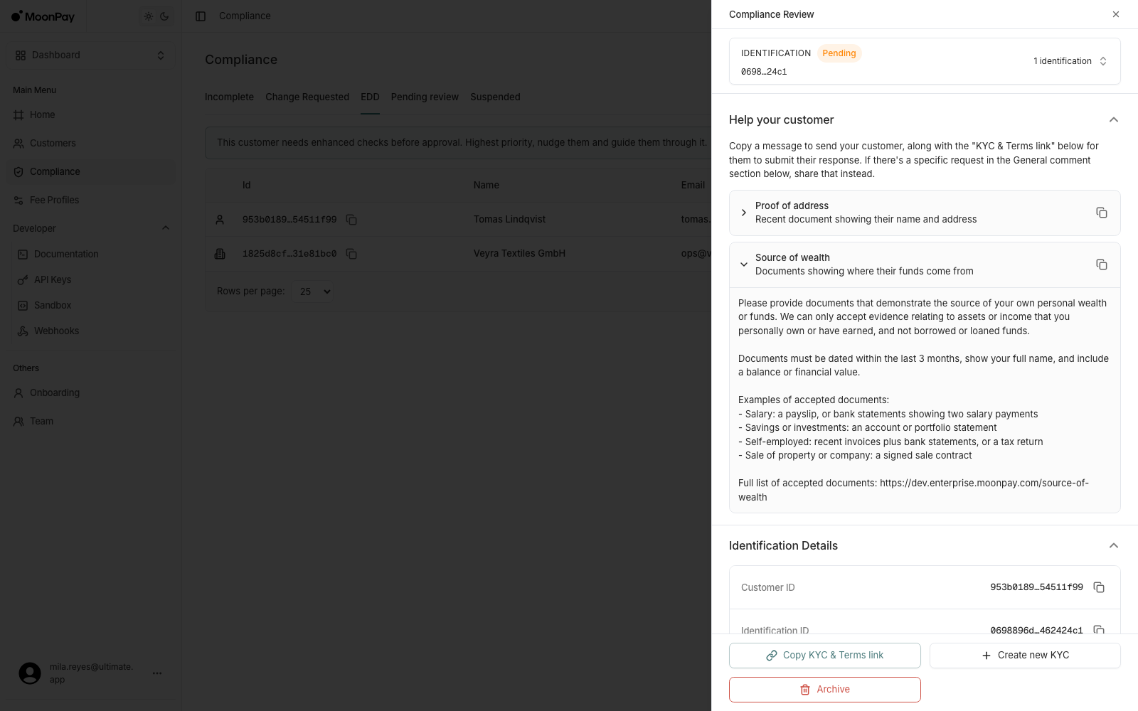 The source of wealth guidance expanded into a copyable message listing accepted documents such as payslips, portfolio statements and sale contracts