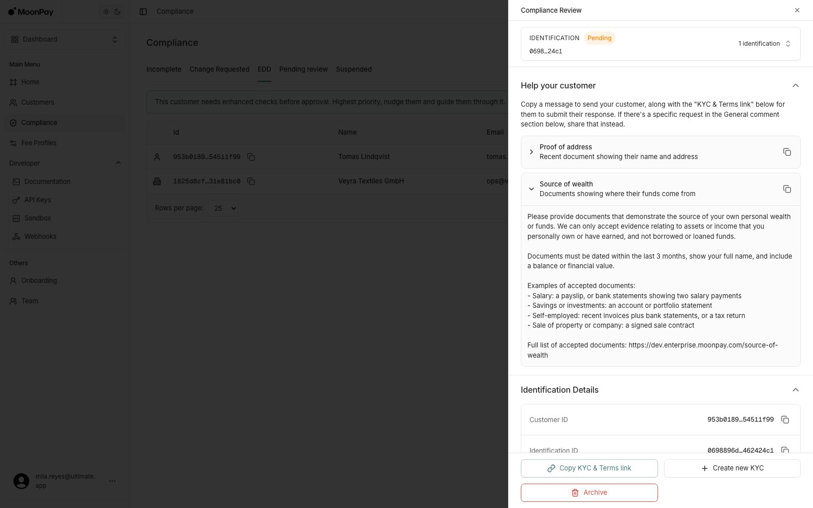 The source of wealth guidance expanded into a copyable message listing accepted documents such as payslips, portfolio statements and sale contracts