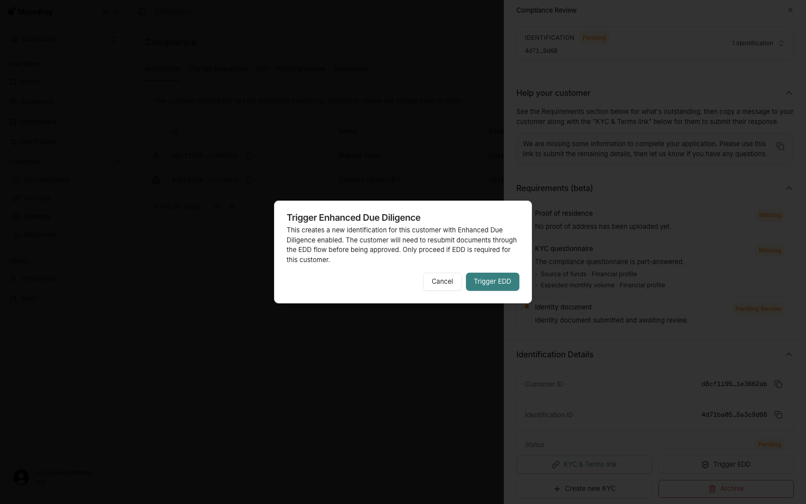 Trigger Enhanced Due Diligence confirmation dialog, opened from a standard customer's panel