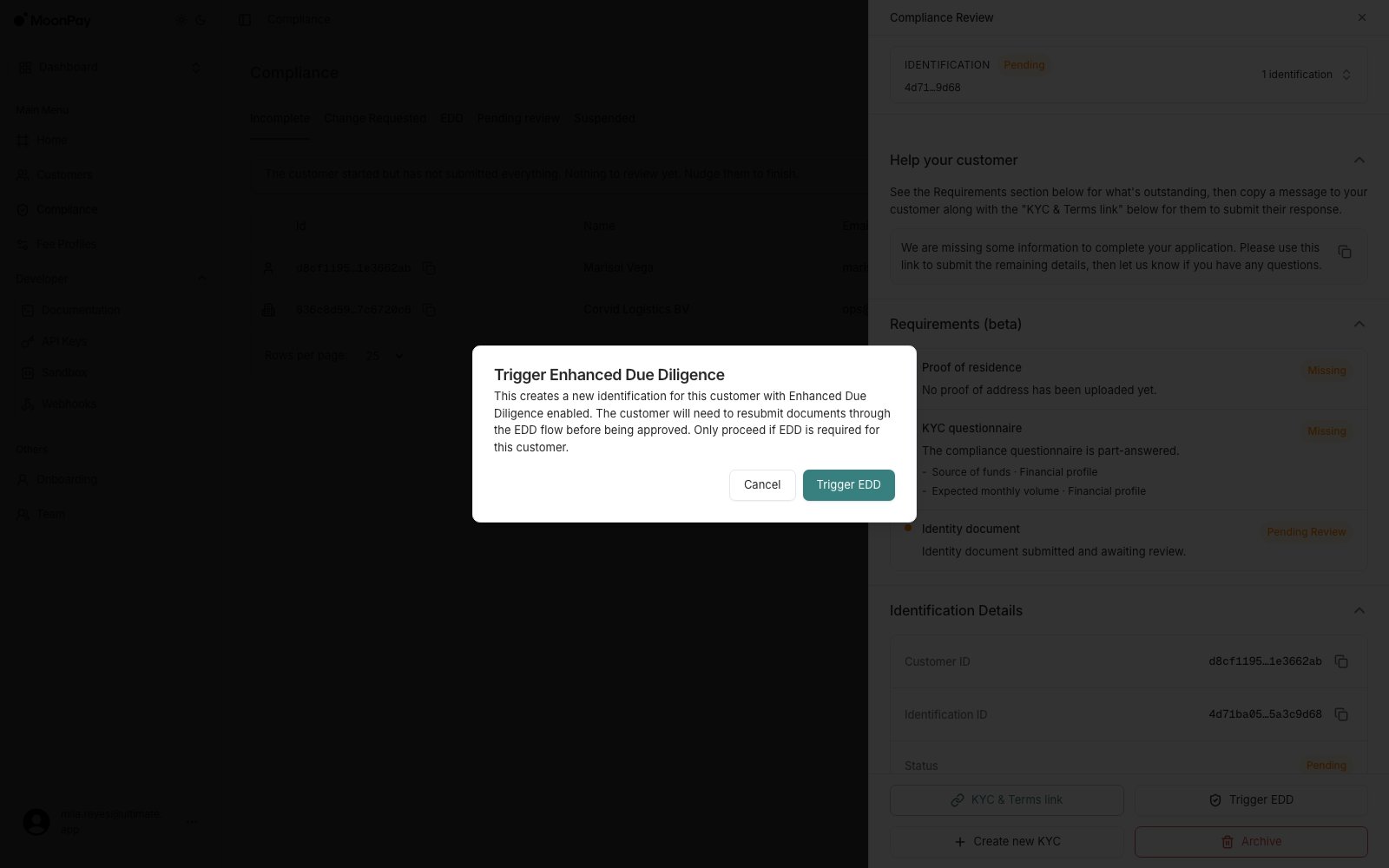 Trigger Enhanced Due Diligence confirmation dialog, opened from a standard customer's panel