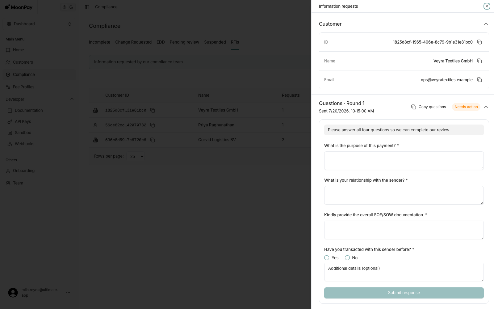 Information requests sheet showing the customer record and Questions Round 1 with four unanswered questions