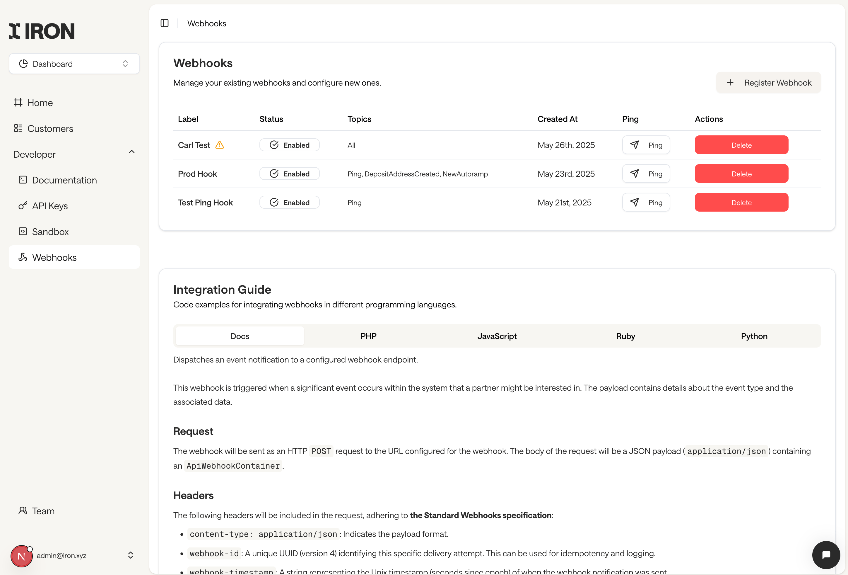 Webhook console listing registered endpoints with status and topics
