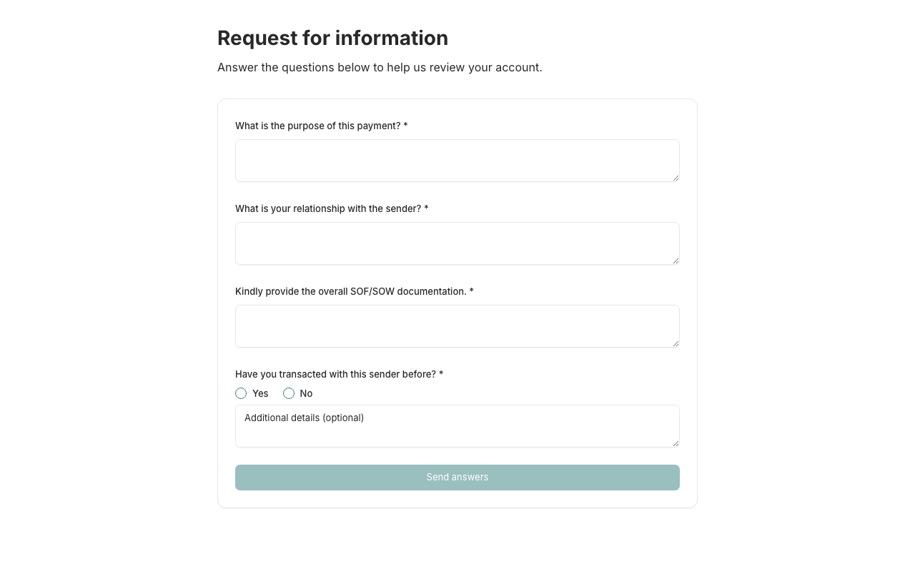 Hosted Request for information page as the customer sees it, with four questions to answer and a disabled Send answers button