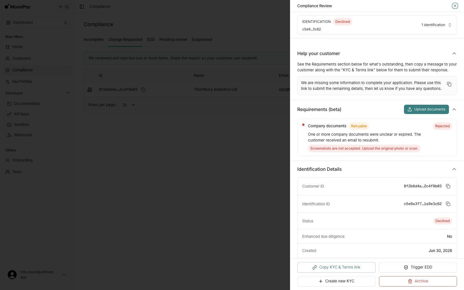 Compliance Review panel with a company documents requirement marked Rejected and Retryable, showing the reject reason that screenshots are not accepted