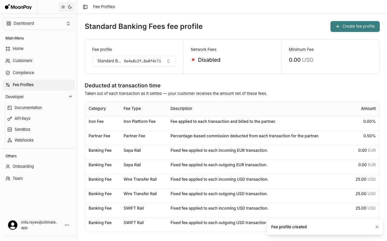 A fee profile showing the partner fee percentage and per-rail banking fees deducted at transaction time