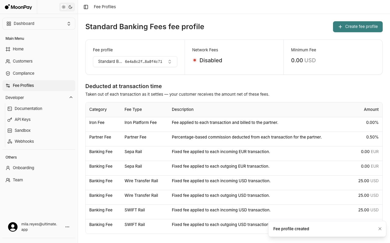 A fee profile showing the partner fee percentage and per-rail banking fees deducted at transaction time