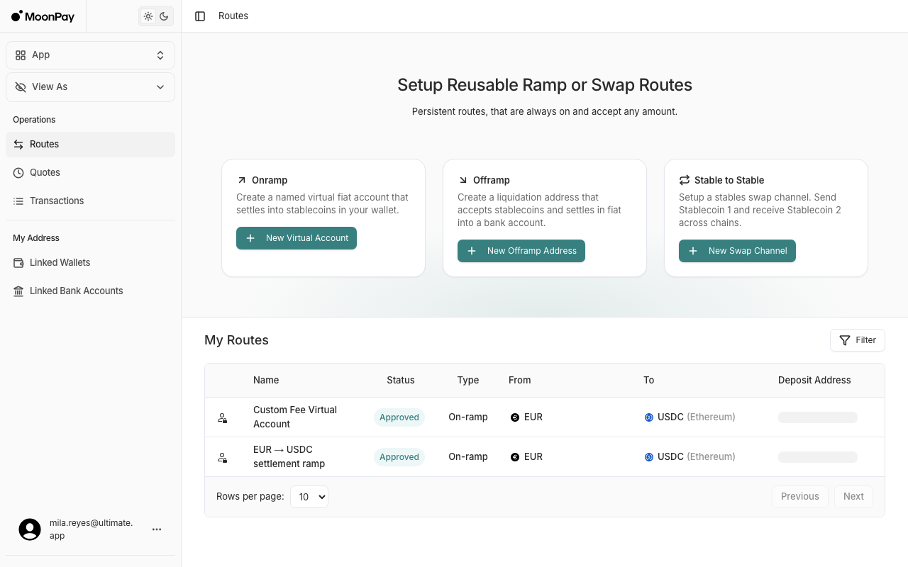 Routes page with Onramp, Offramp and Stable to Stable creation cards above a My Routes table