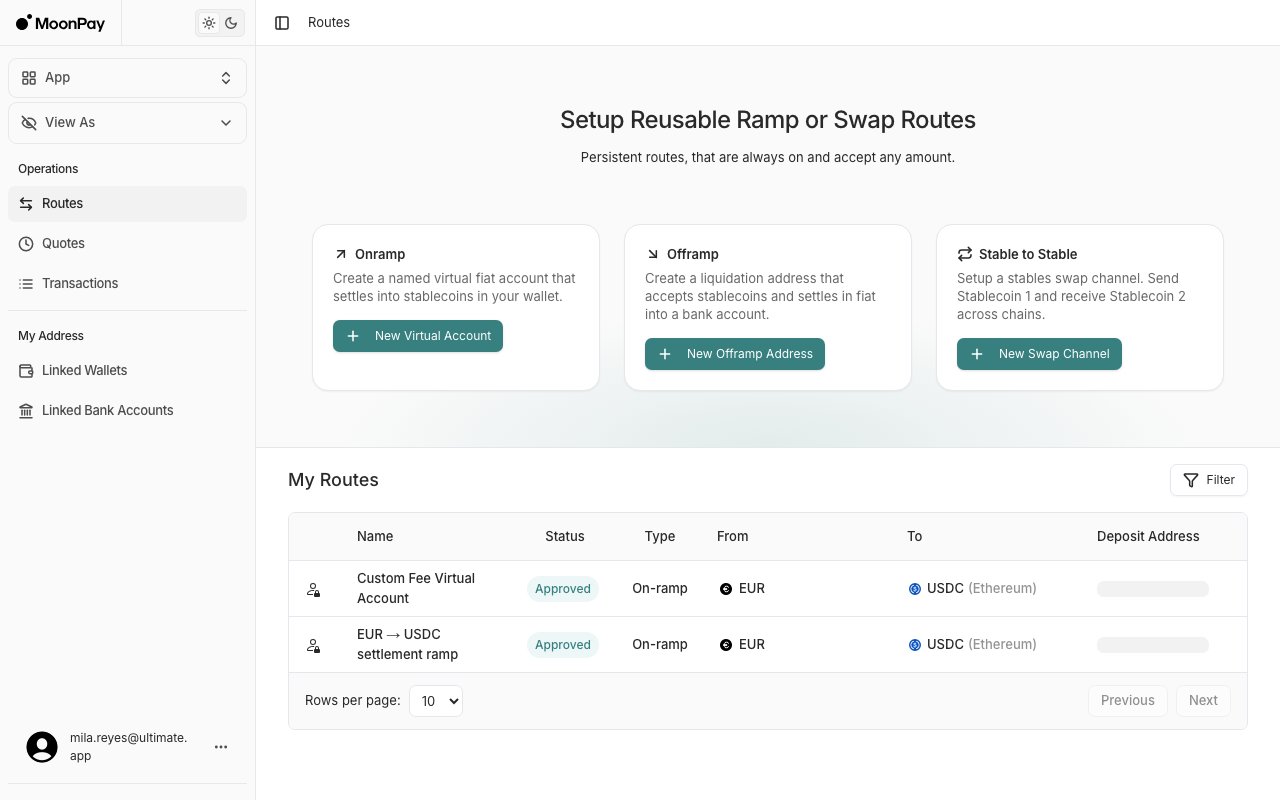 Routes page with Onramp, Offramp and Stable to Stable creation cards above a My Routes table