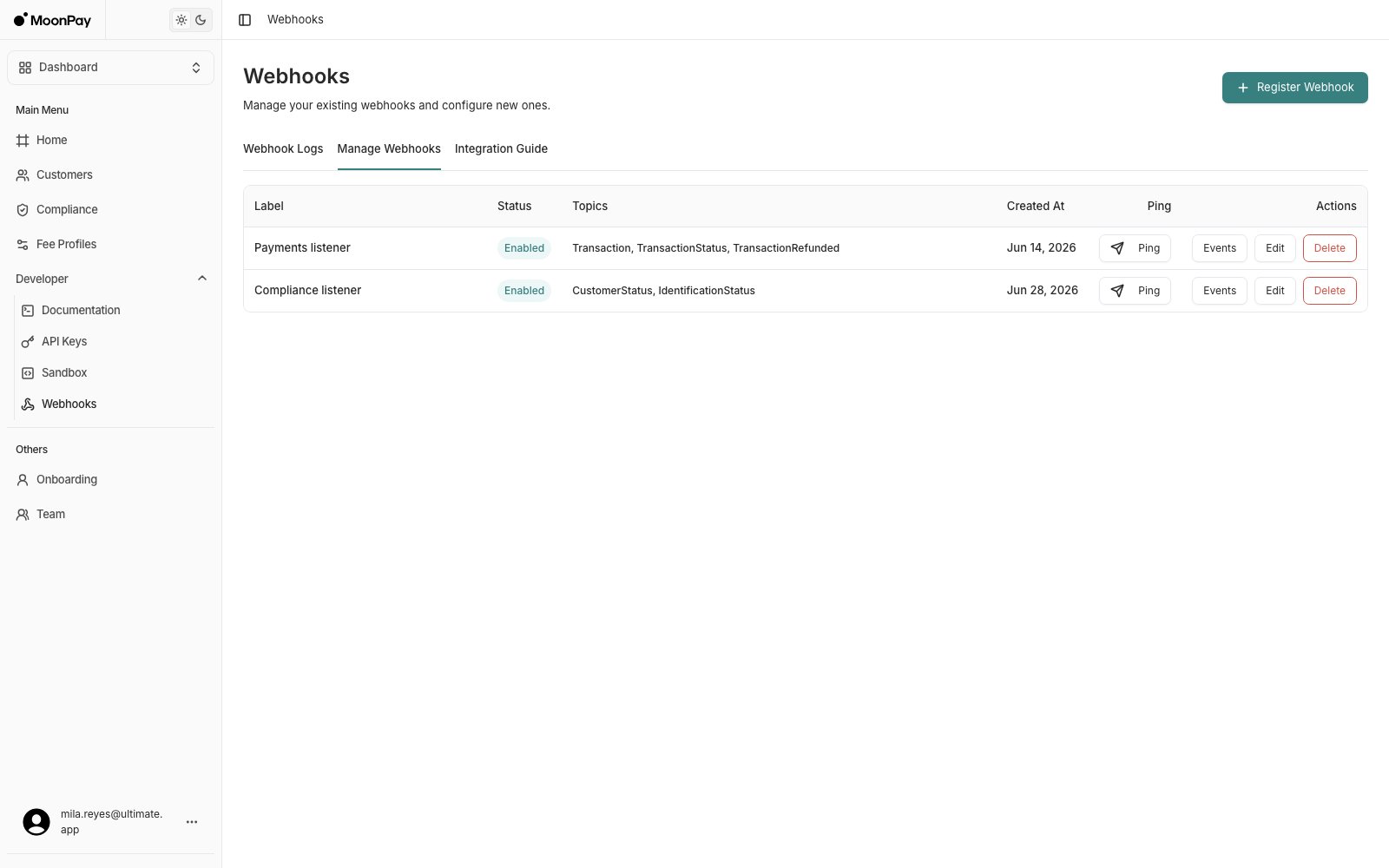 Manage Webhooks tab listing two registered endpoints with status, topics, and a Ping button