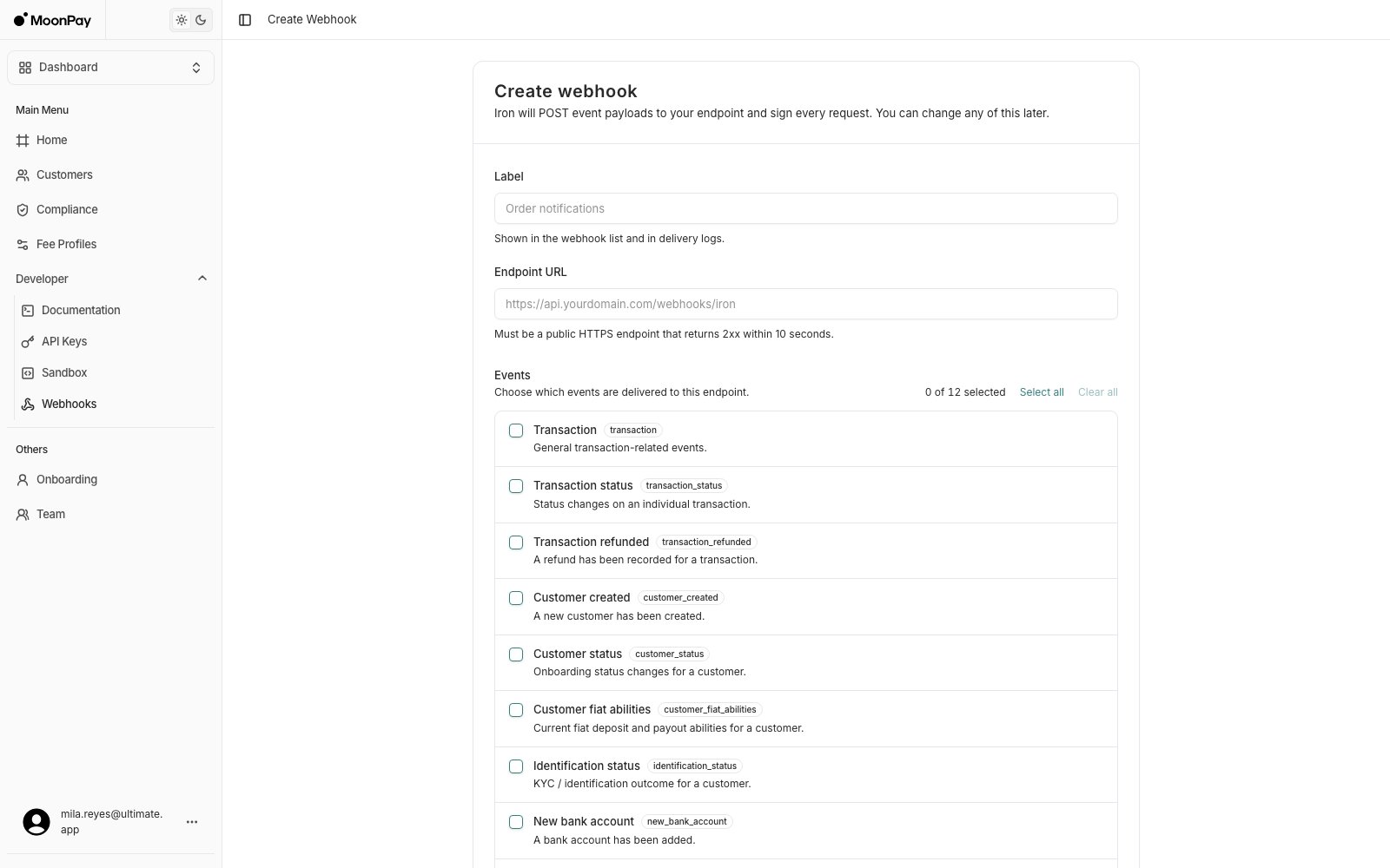 Create webhook form with Label, Endpoint URL, and the selectable event list