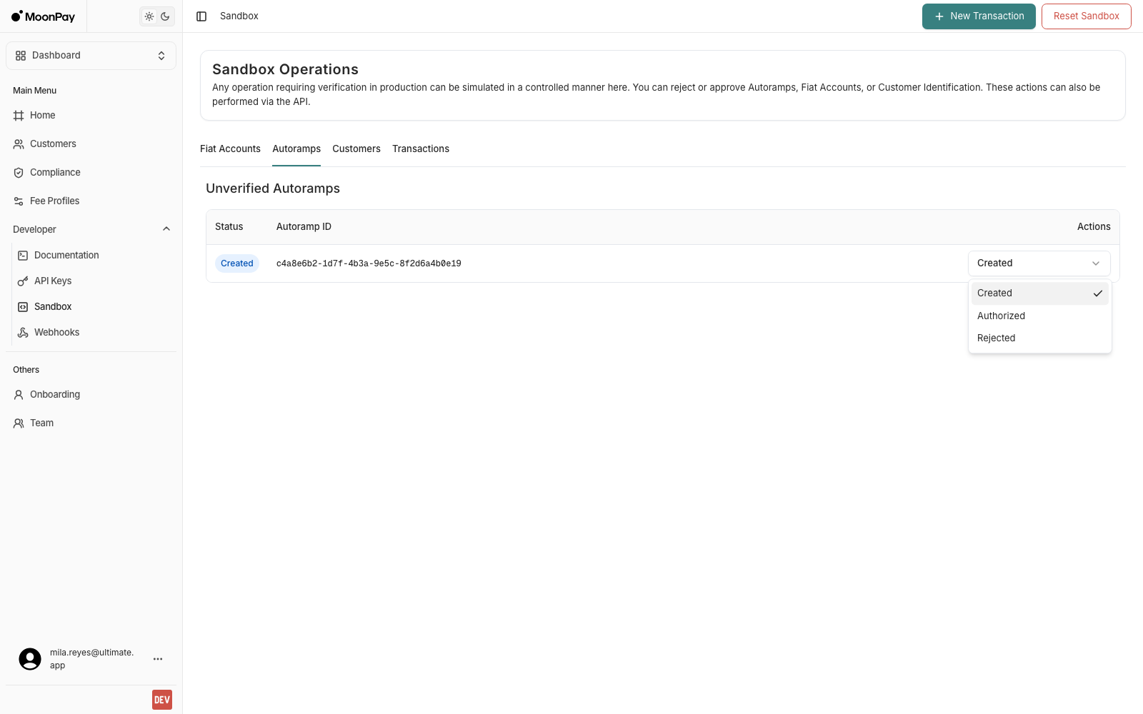Status dropdown open on an unverified autoramp row, offering Created, Authorized and Rejected