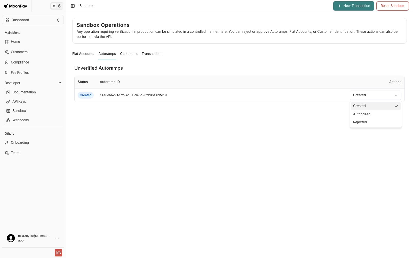 Status dropdown open on an unverified autoramp row, offering Created, Authorized and Rejected