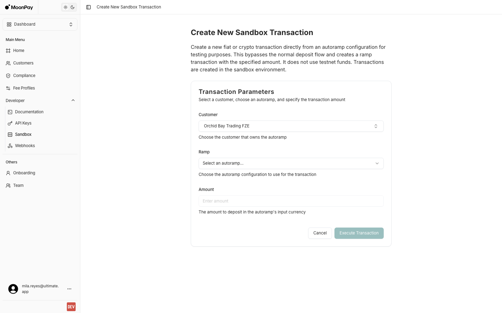 Create New Sandbox Transaction form with Customer, Ramp and Amount fields and an Execute Transaction button