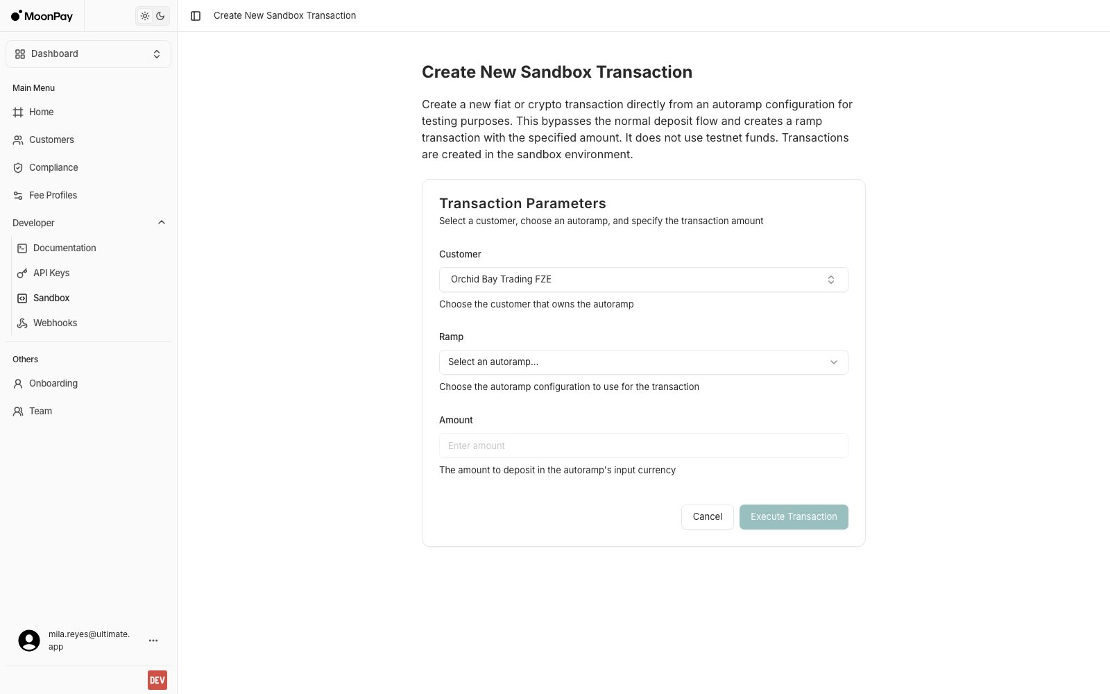 Create New Sandbox Transaction form with Customer, Ramp and Amount fields and an Execute Transaction button
